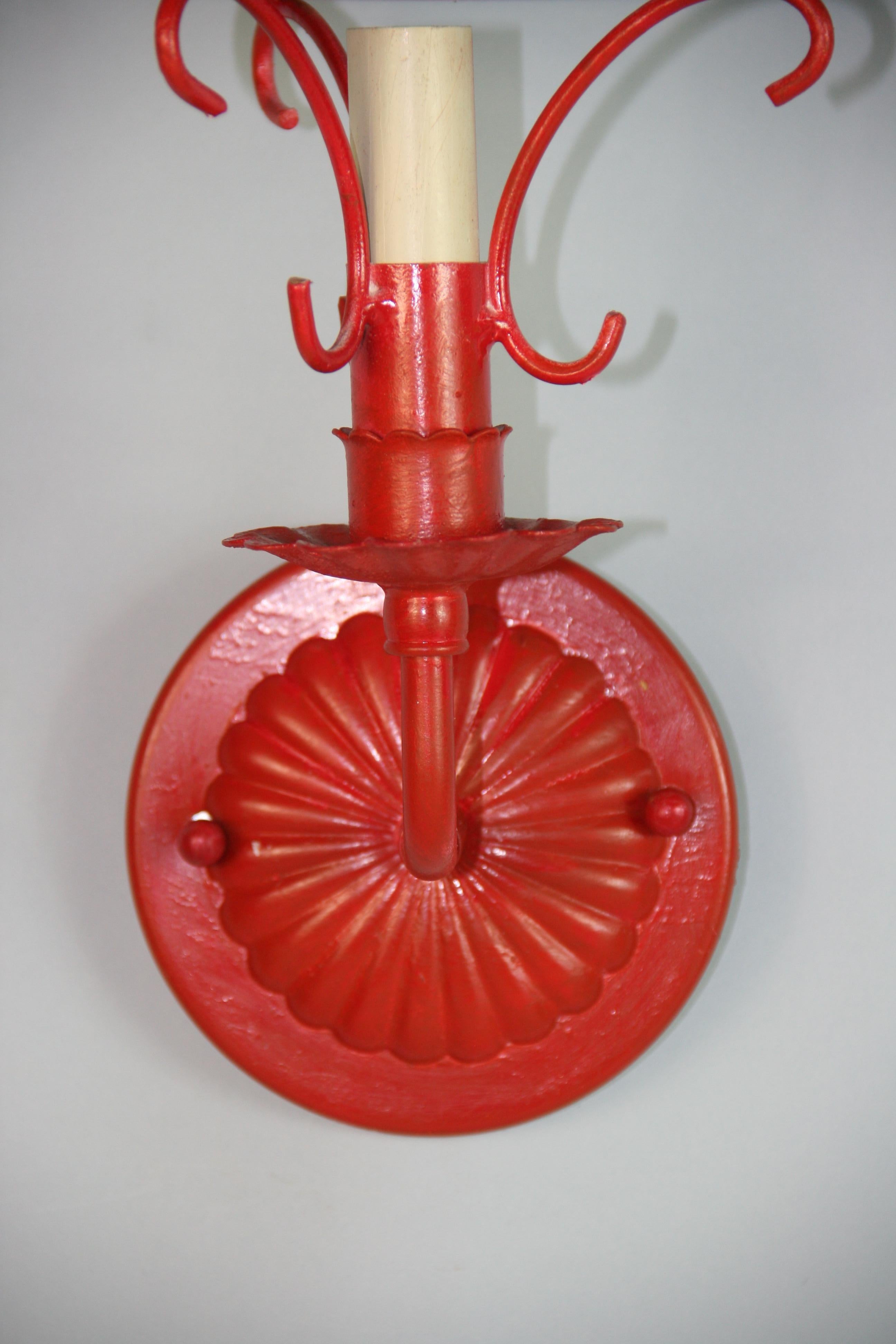 Mid-20th Century  Vintage French Red Sconces With Tole Shades (3 pair available) For Sale
