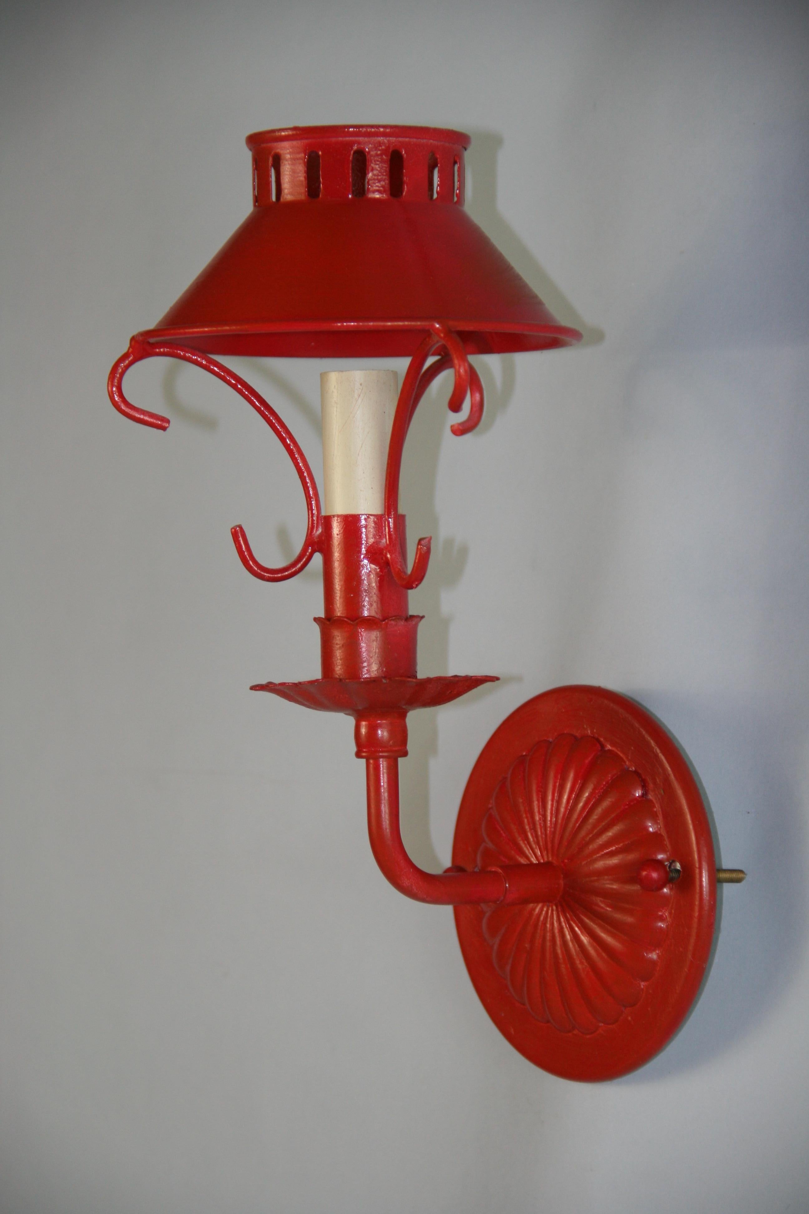 Metal  Vintage French Red Sconces With Tole Shades (3 pair available) For Sale
