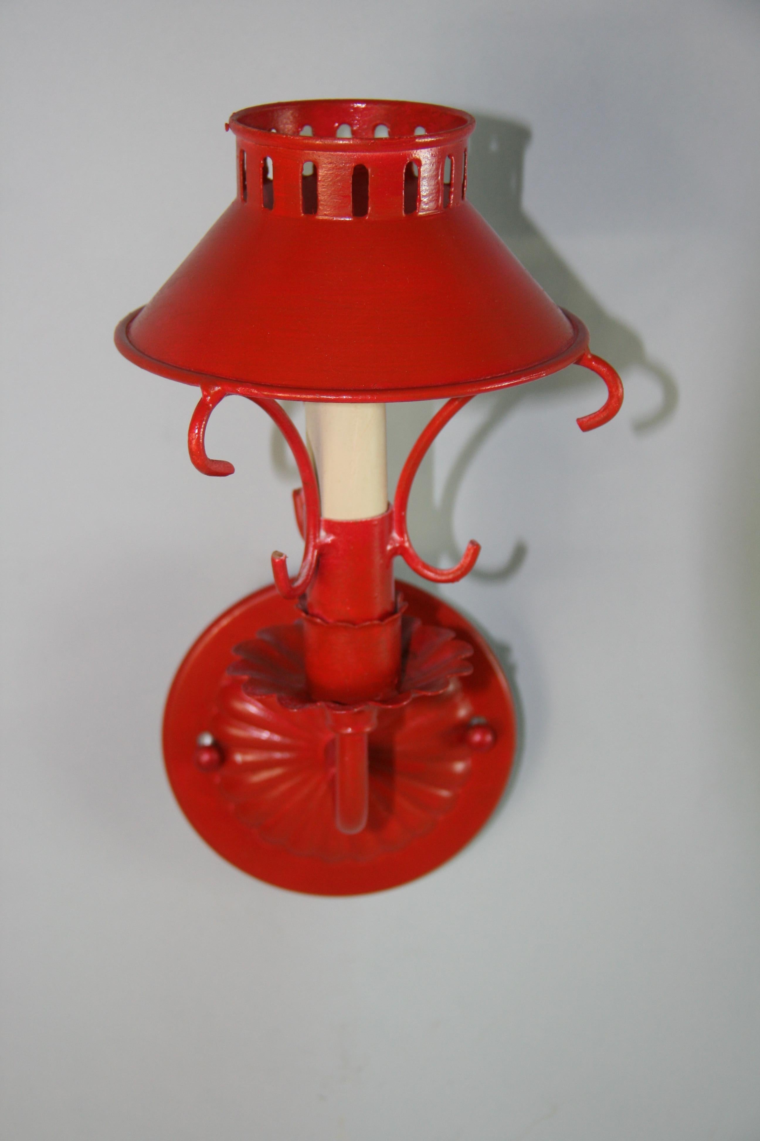  Vintage French Red Sconces With Tole Shades (3 pair available) For Sale 1
