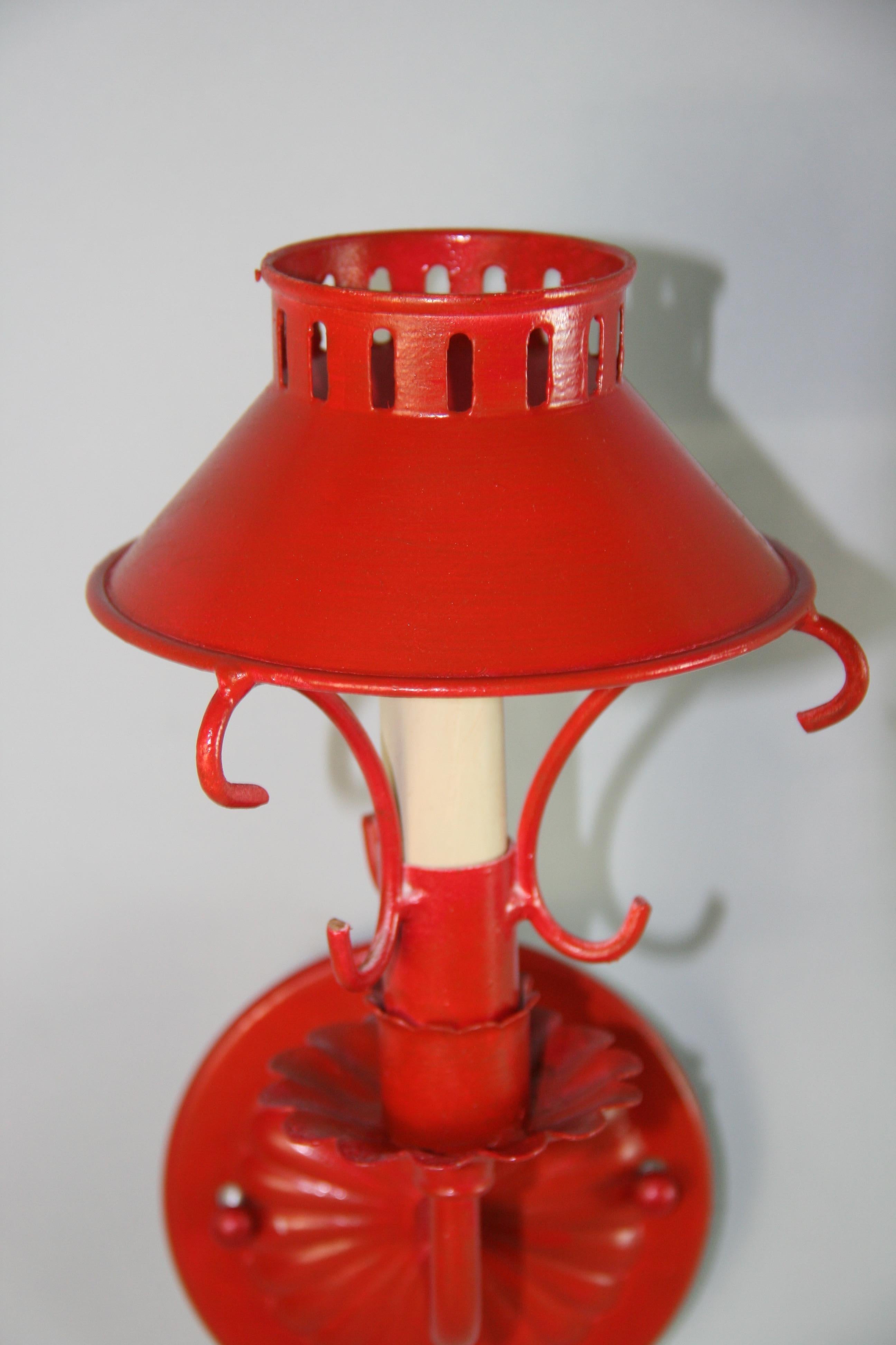 Vintage French Red Sconces With Tole Shades (3 pair available) For Sale 2