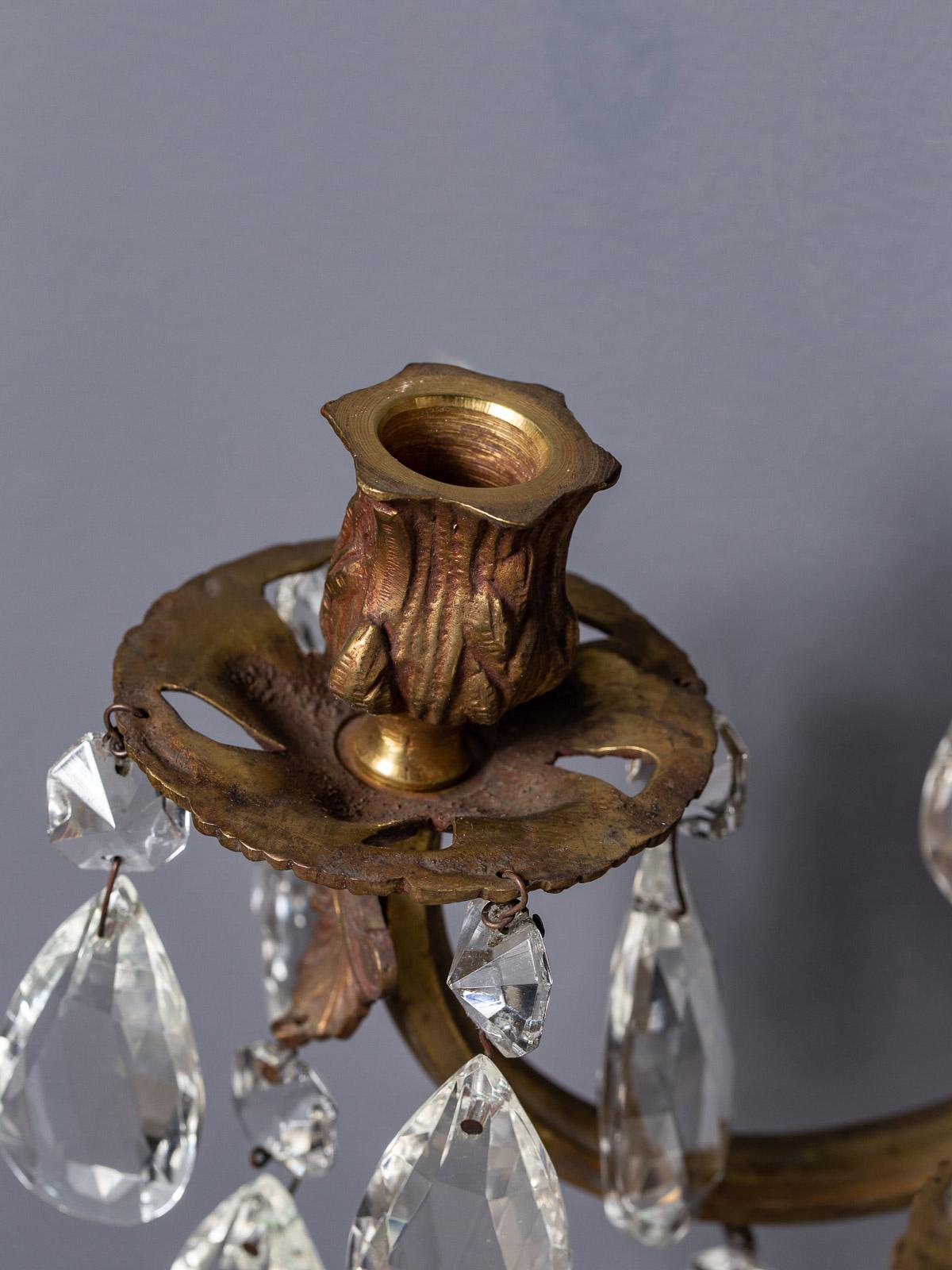 Pair of Vintage French Three-Arm Brass Crystal Sconces circa 1940 Poignards 7