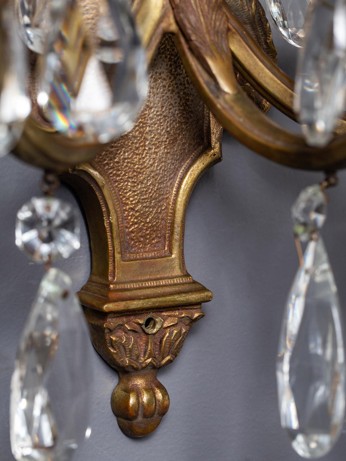 Pair of Vintage French Three-Arm Brass Crystal Sconces circa 1940 Poignards 8