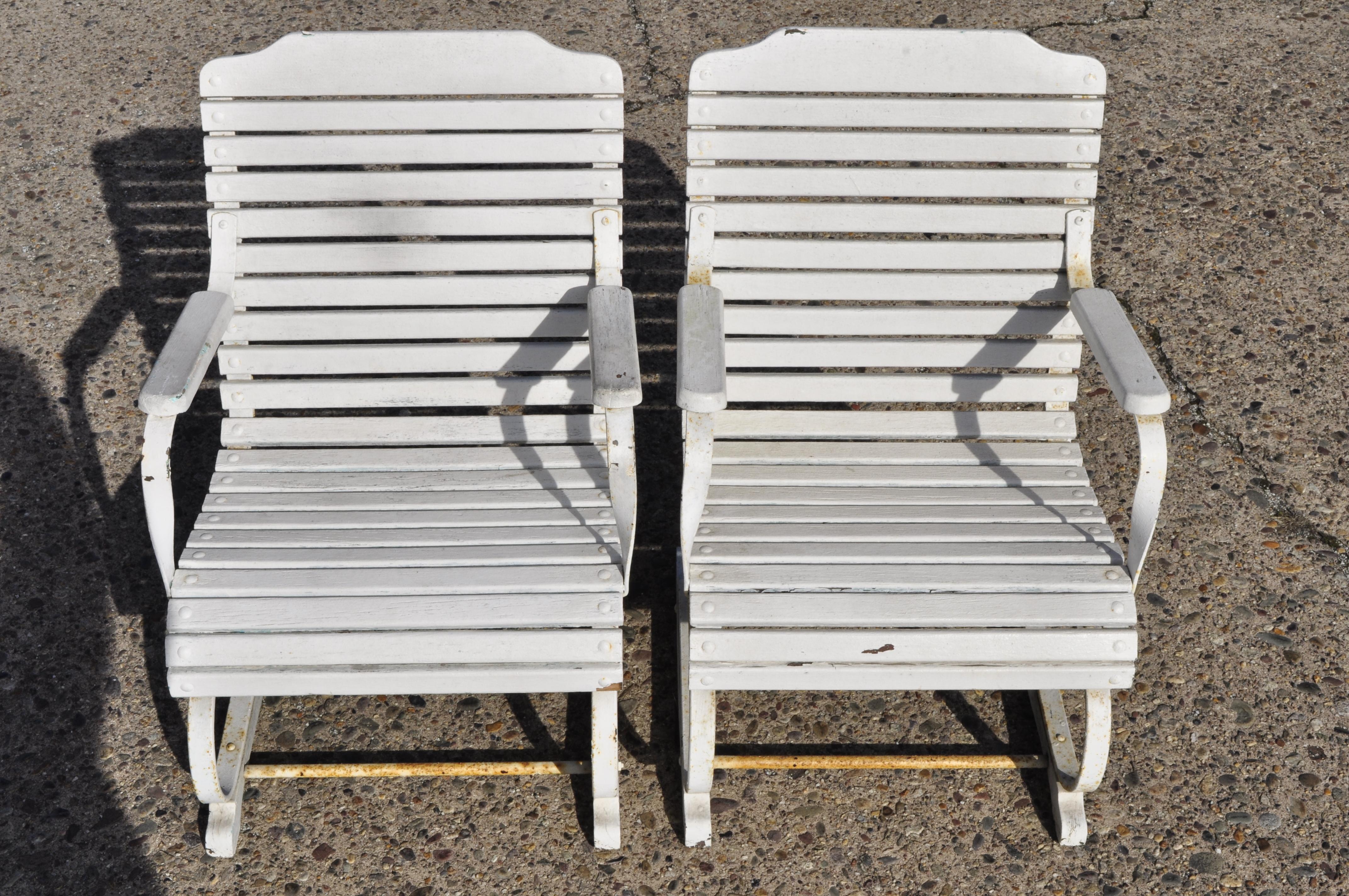 Pair of Vintage French Wrought Iron and Wood Slat Bouncer Garden Lounge Chairs 3