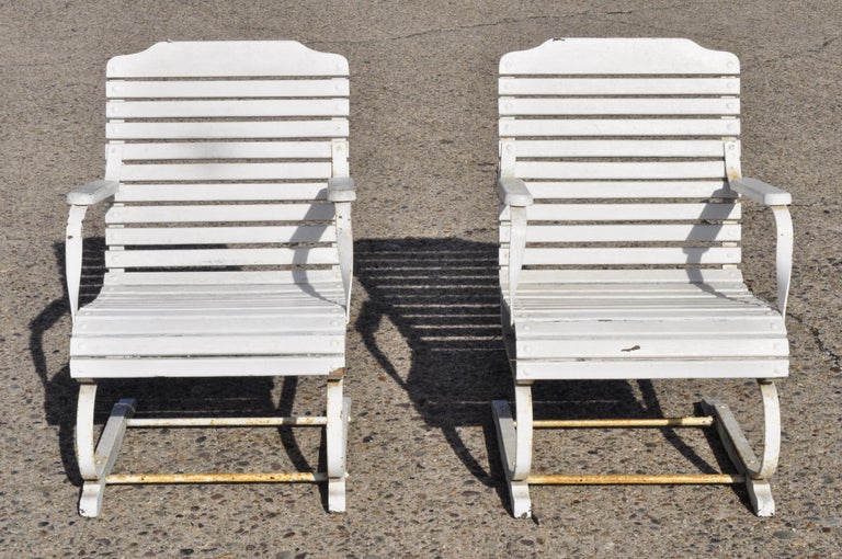 Pair Of Vintage French Wrought Iron And Wood Slat Bouncer Garden Lounge Chairs At 1stdibs