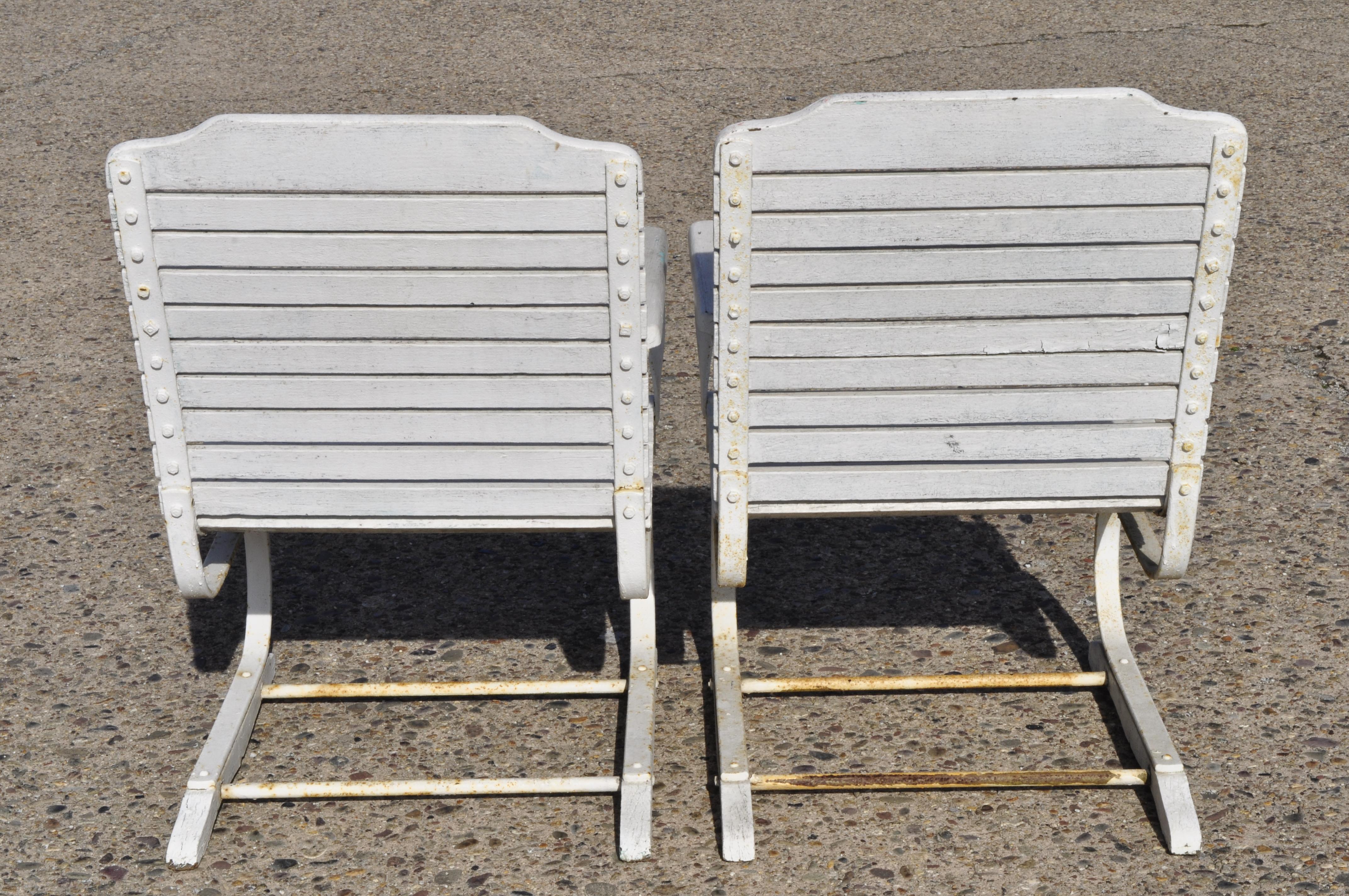20th Century Pair of Vintage French Wrought Iron and Wood Slat Bouncer Garden Lounge Chairs