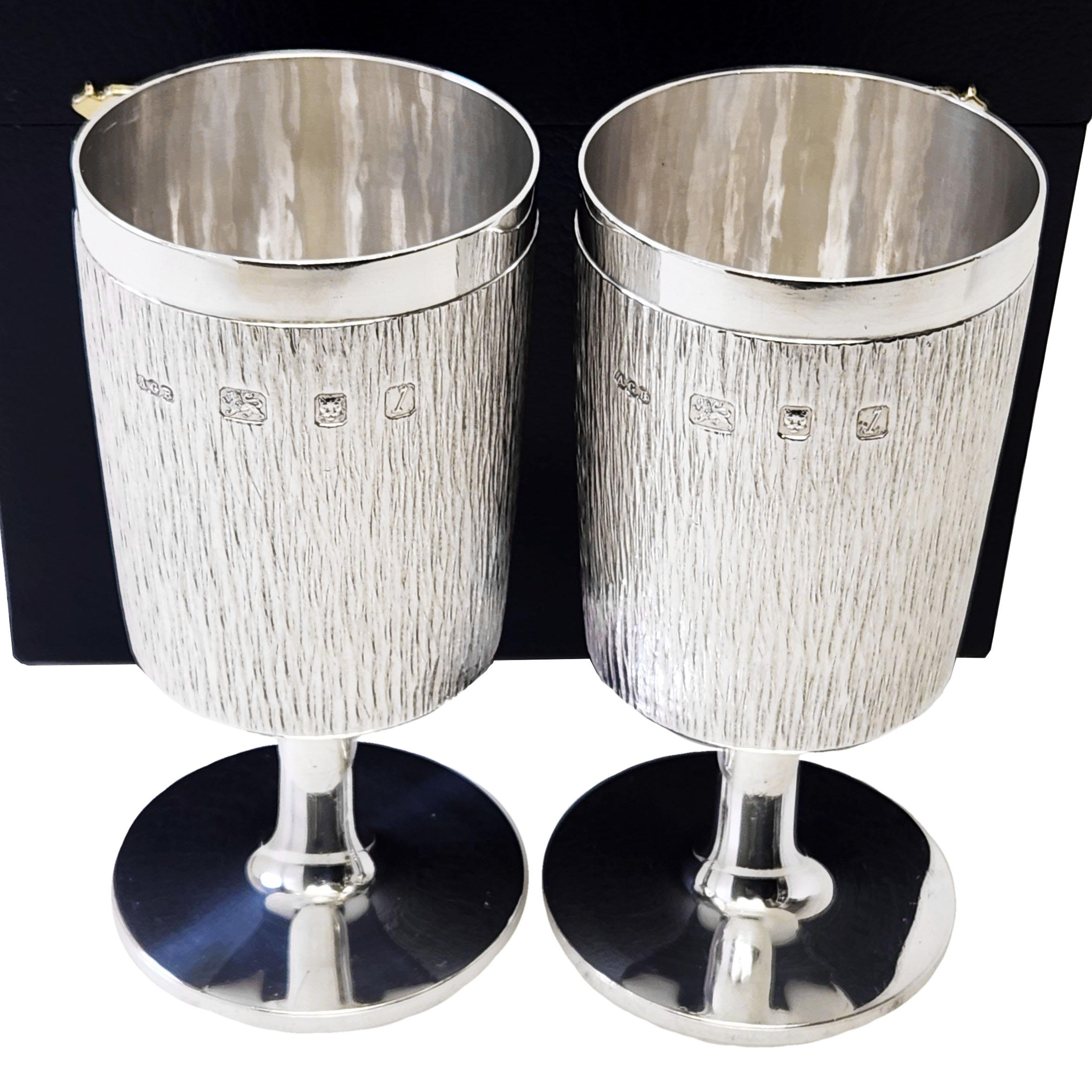 English Pair Vintage Gerald Benney Sterling Silver Wine Goblets Fitted Box 1966 For Sale