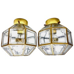 Pair of Vintage Gilded and Clear Glass Flush Mount Lights by Limburg, circa 1965