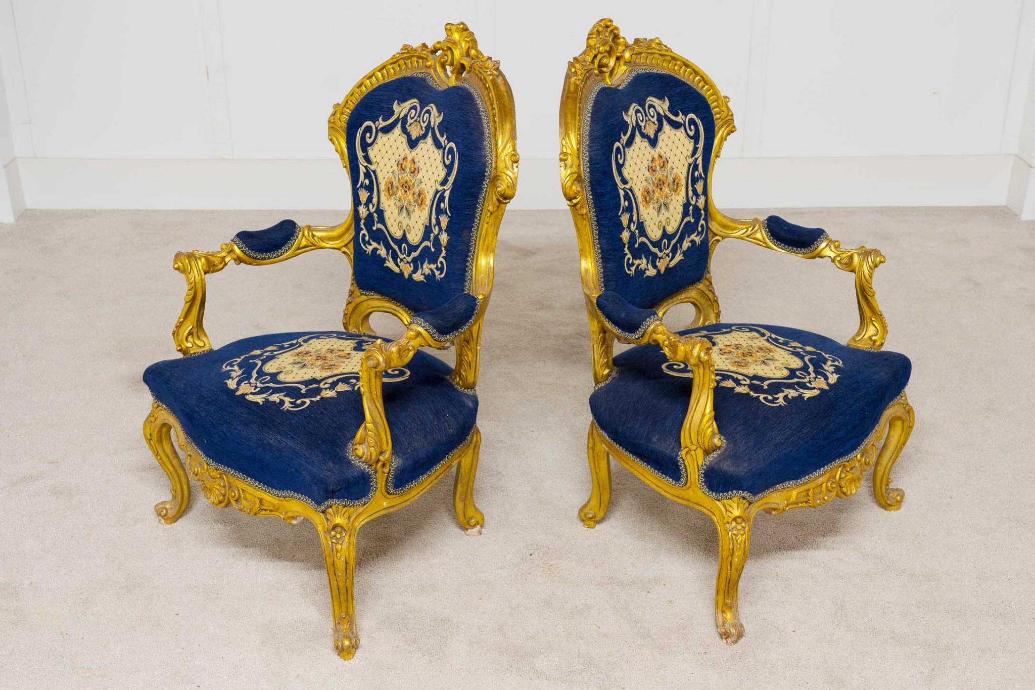 Early 20th Century Pair Vintage Gilt Arm Chairs French Salon Fauteuil For Sale