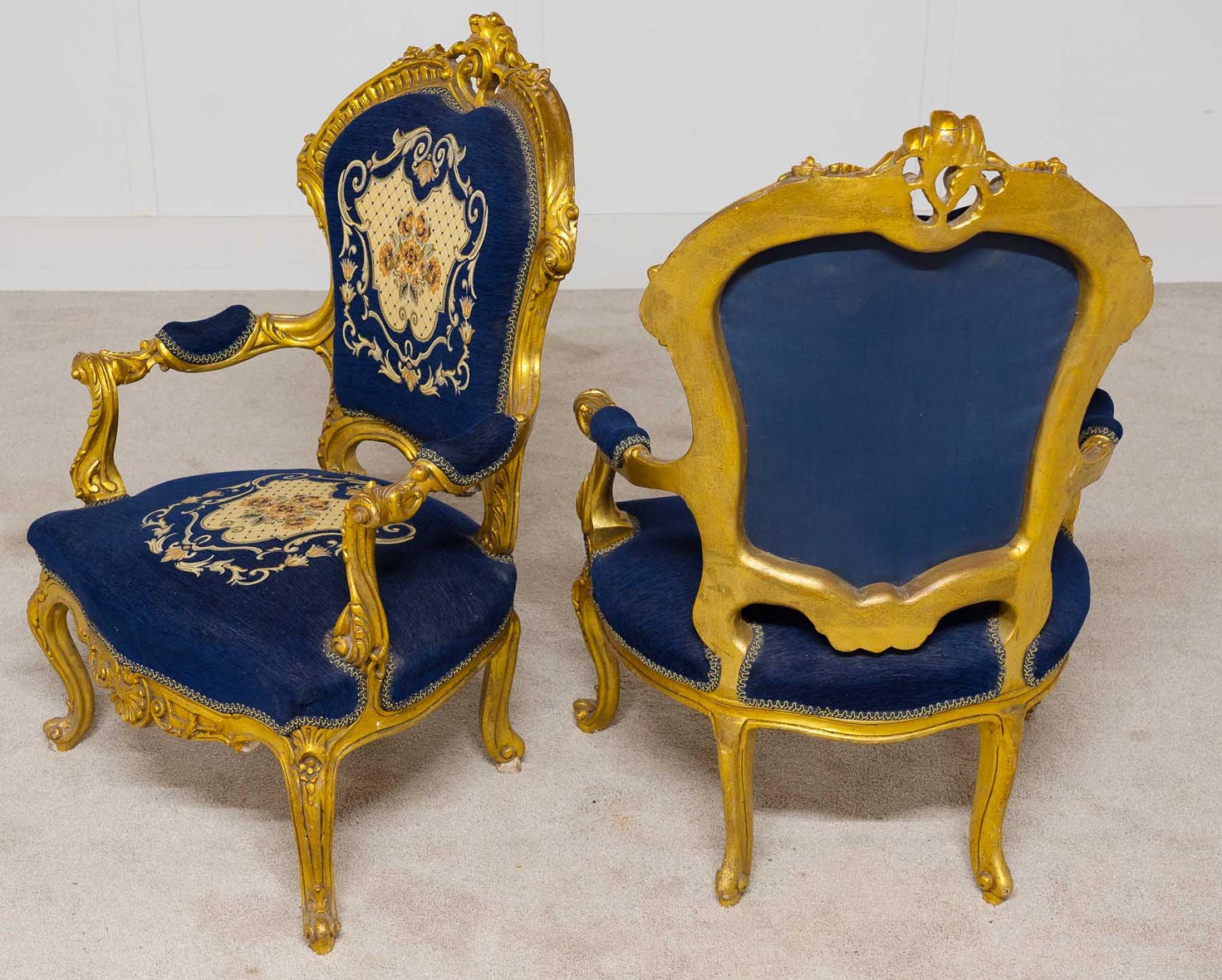 Giltwood Pair Vintage Gilt Arm Chairs French Salon Fauteuil For Sale