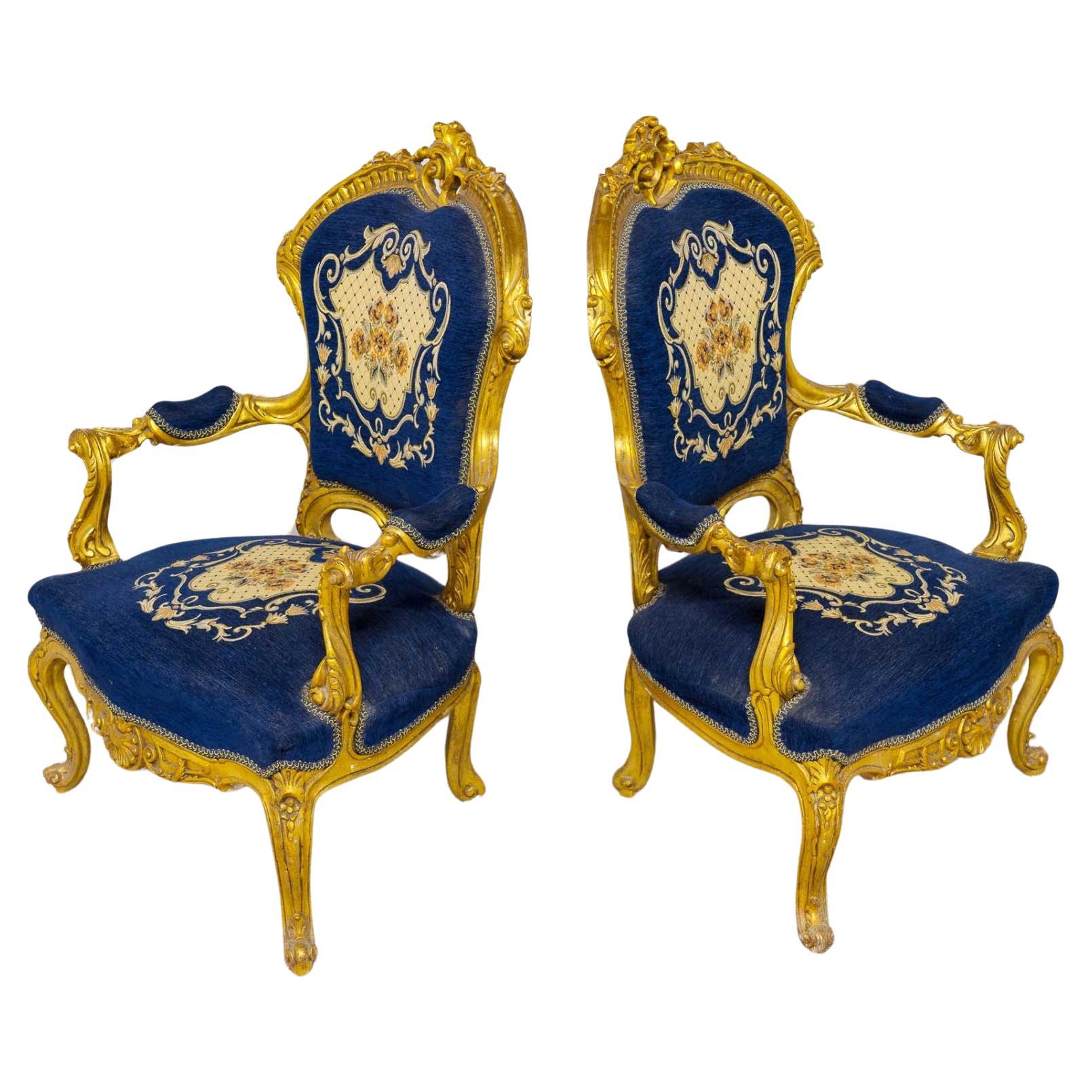 Pair Vintage Gilt Arm Chairs French Salon Fauteuil For Sale