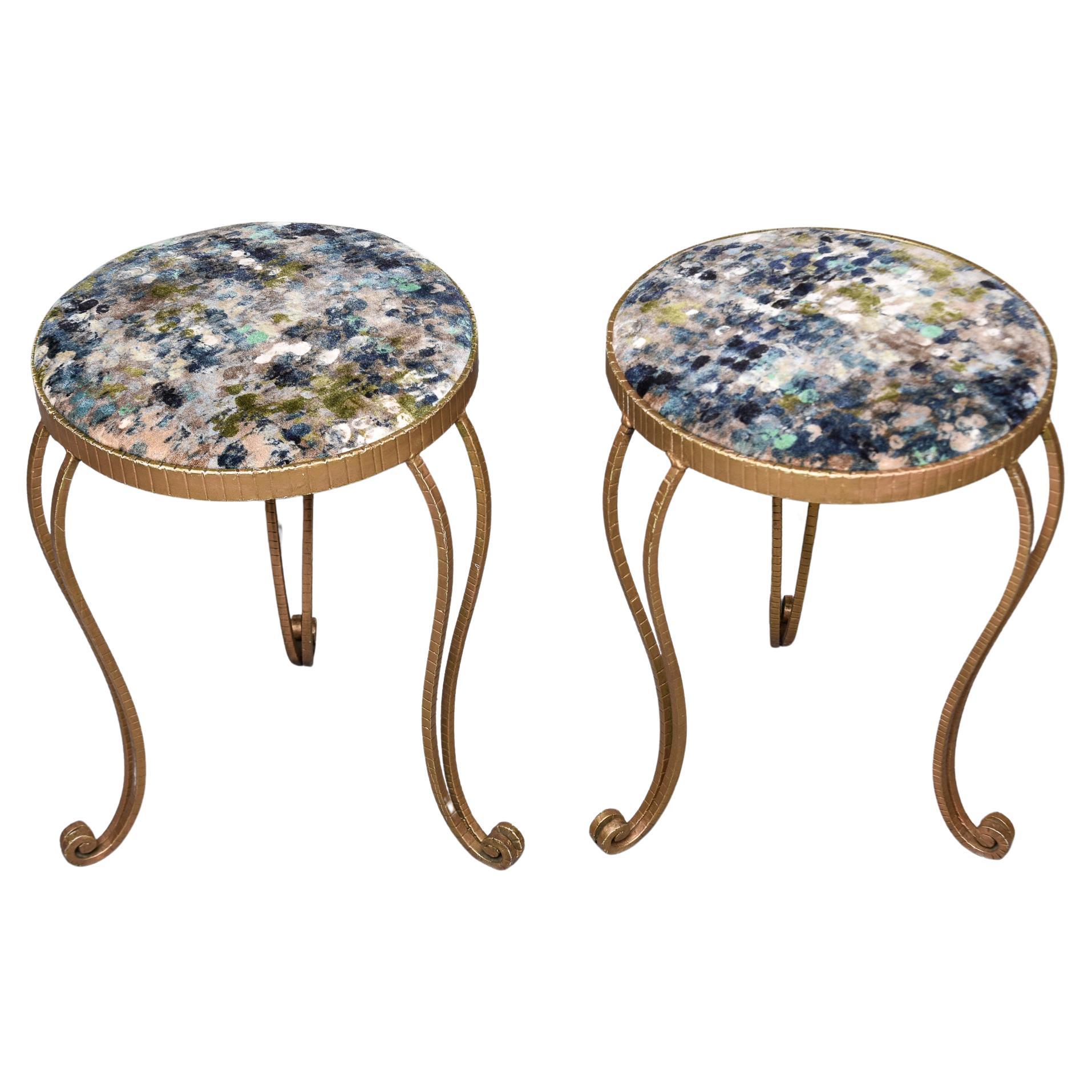 Pair Vintage Gilt Iron Small Round Stools with New Italian Velvet Upholstery