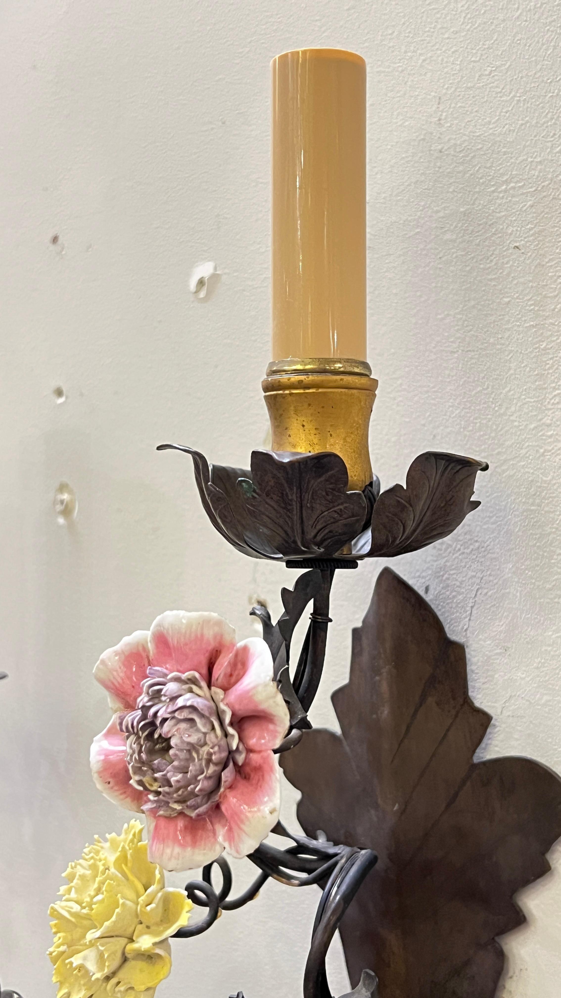 Pair Vintage Gilt Metal and Floral Porcelain 3-Light Sconces / Wall Lights For Sale 4