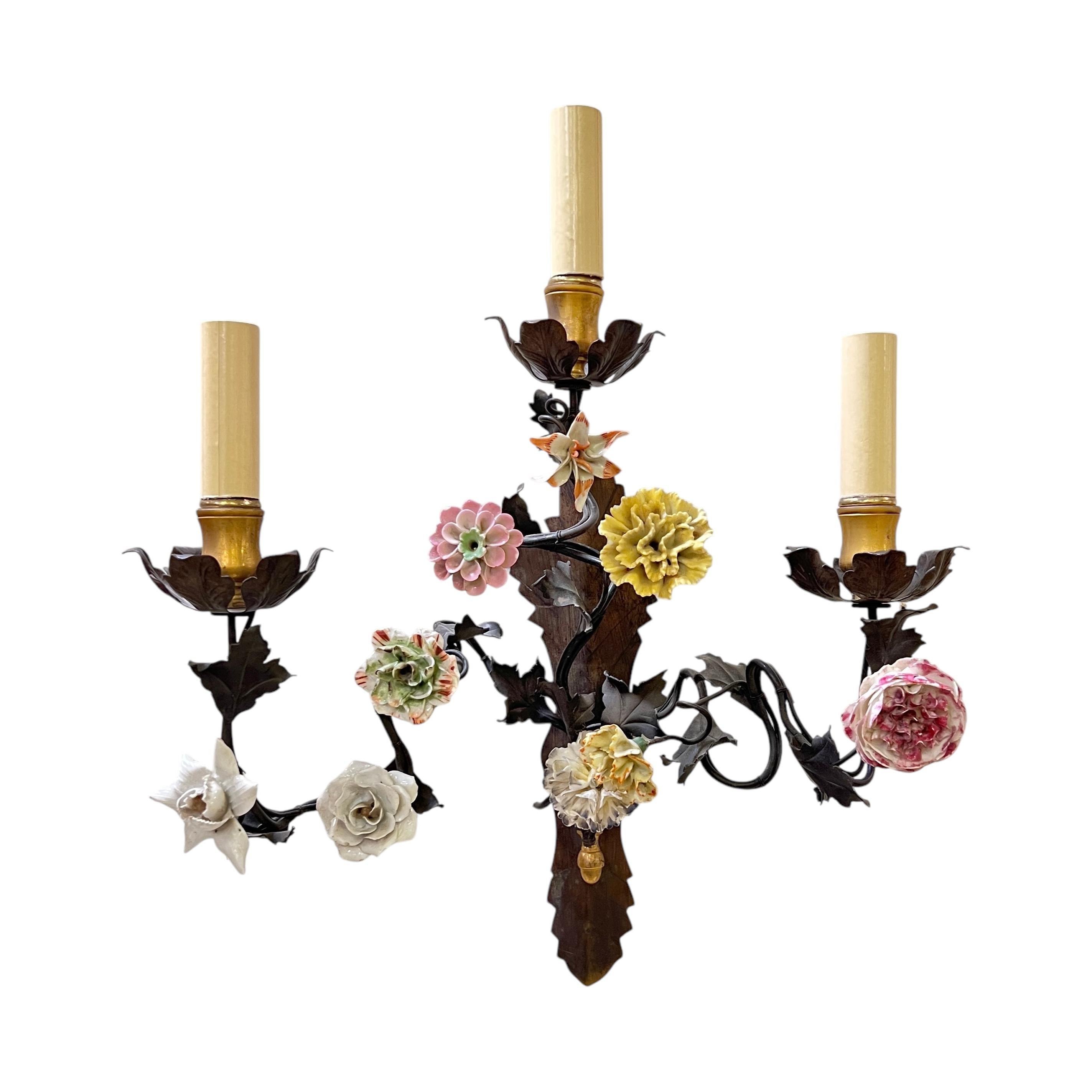 French Pair Vintage Gilt Metal and Floral Porcelain 3-Light Sconces / Wall Lights For Sale