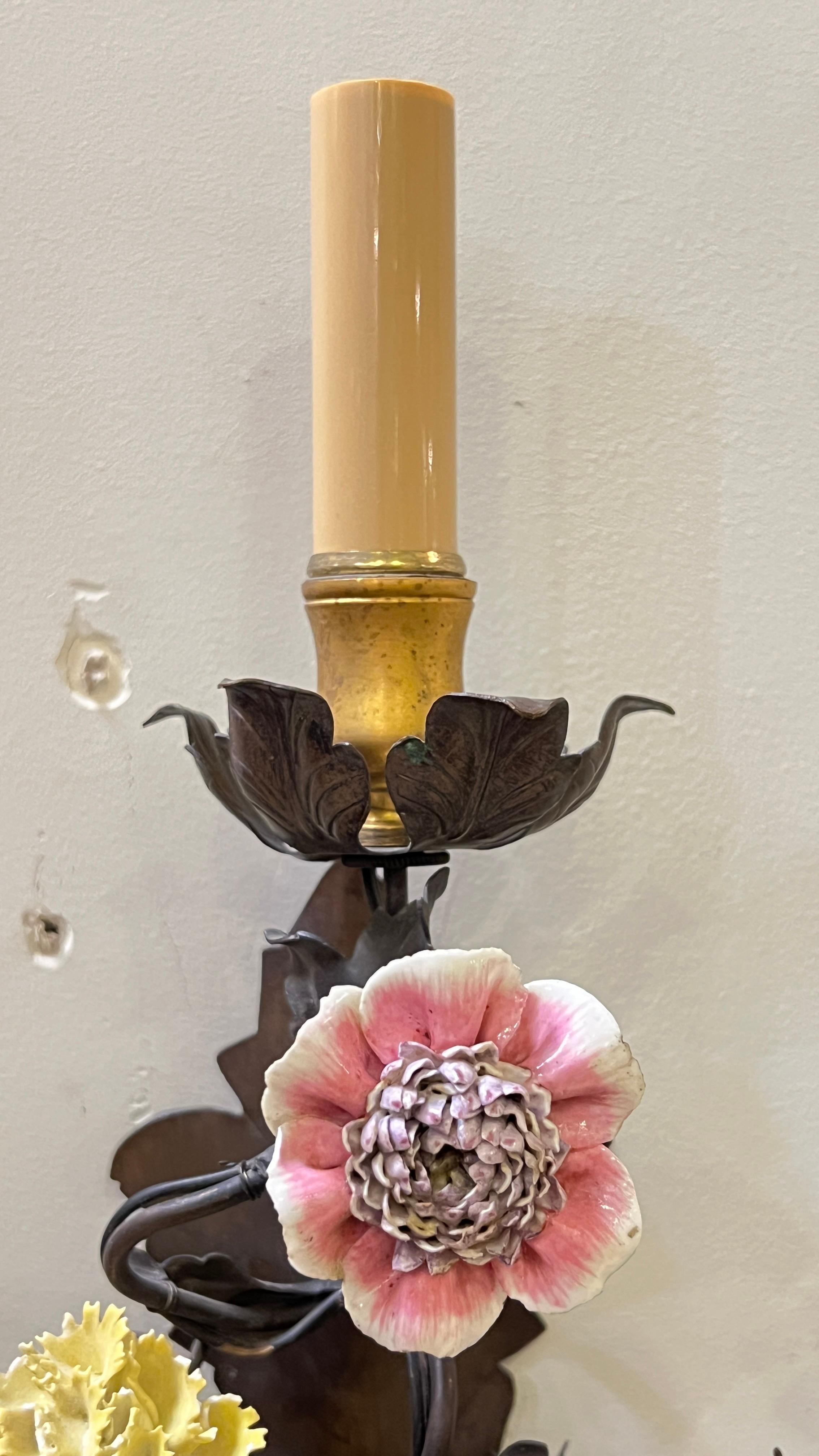 Patinated Pair Vintage Gilt Metal and Floral Porcelain 3-Light Sconces / Wall Lights For Sale