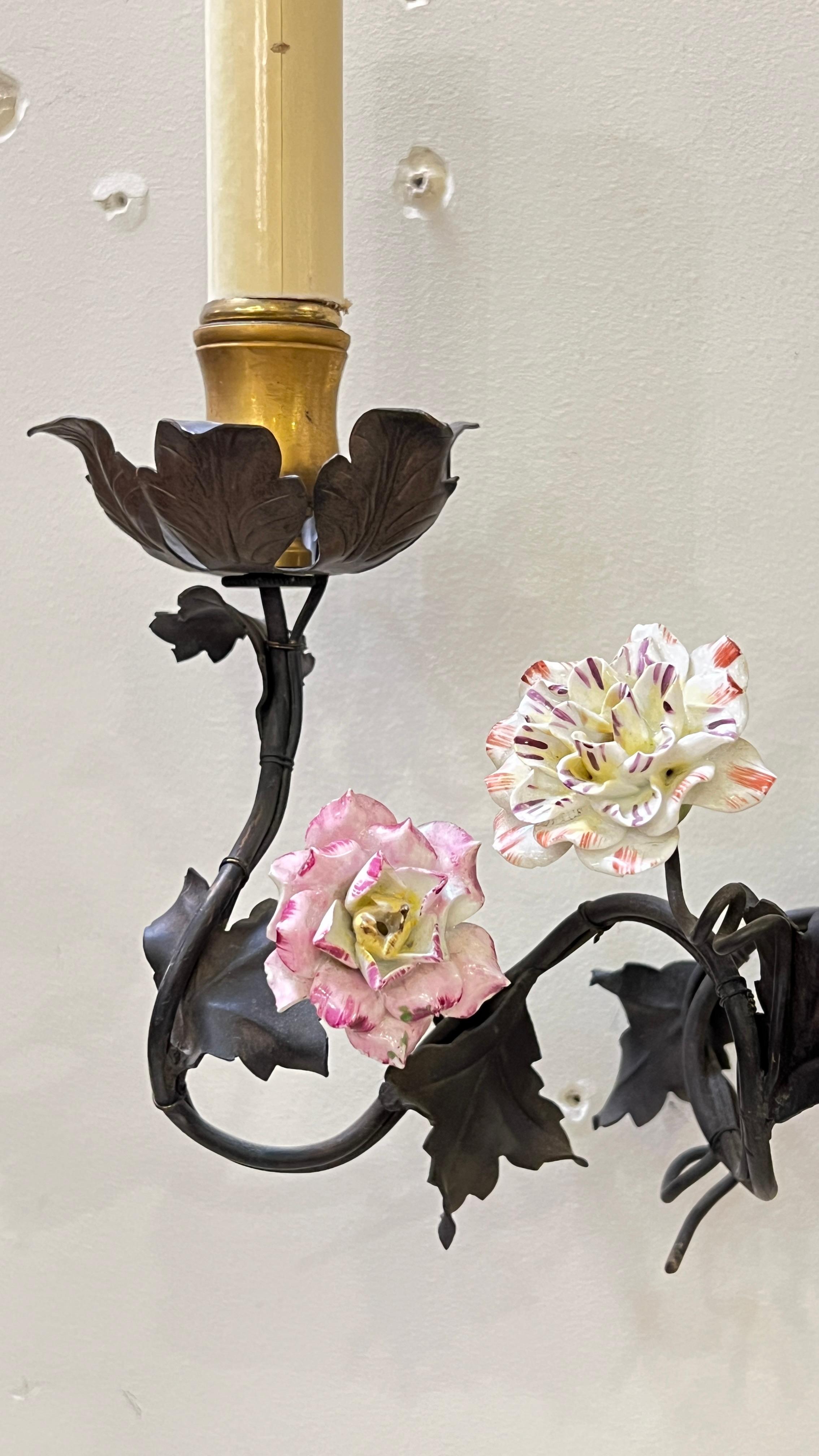 20th Century Pair Vintage Gilt Metal and Floral Porcelain 3-Light Sconces / Wall Lights For Sale