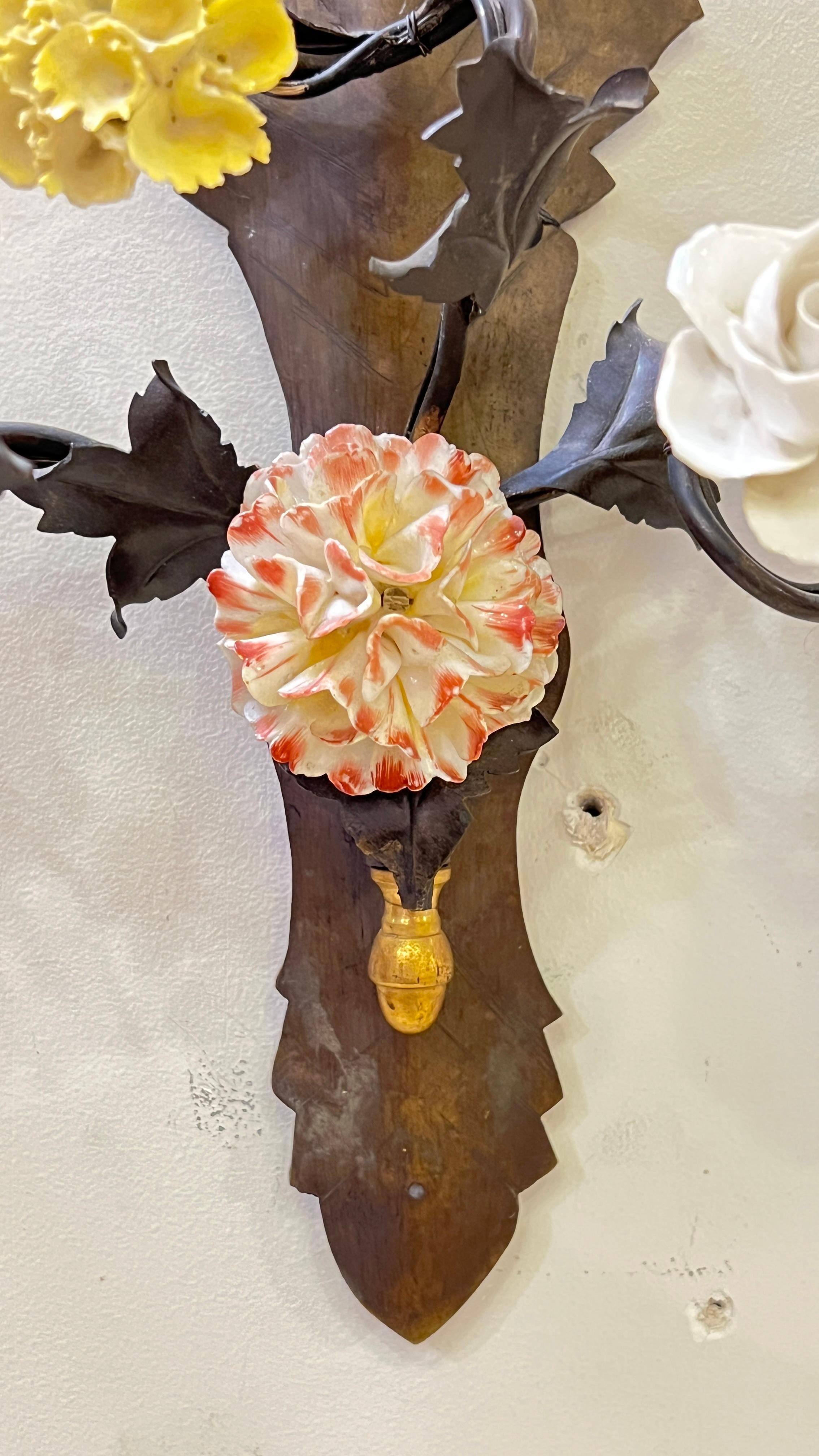 Pair Vintage Gilt Metal and Floral Porcelain 3-Light Sconces / Wall Lights For Sale 1