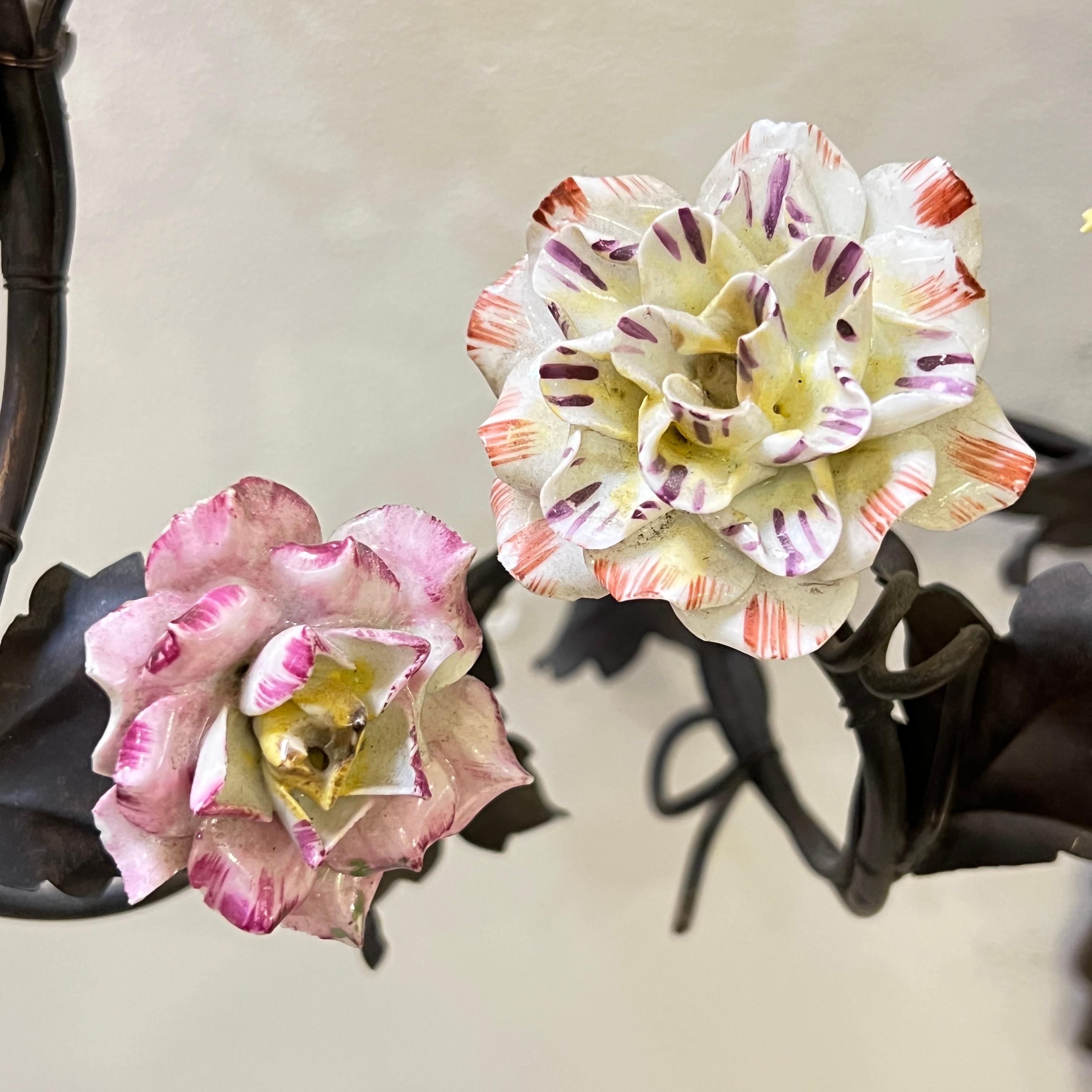 Pair Vintage Gilt Metal and Floral Porcelain 3-Light Sconces / Wall Lights For Sale 2