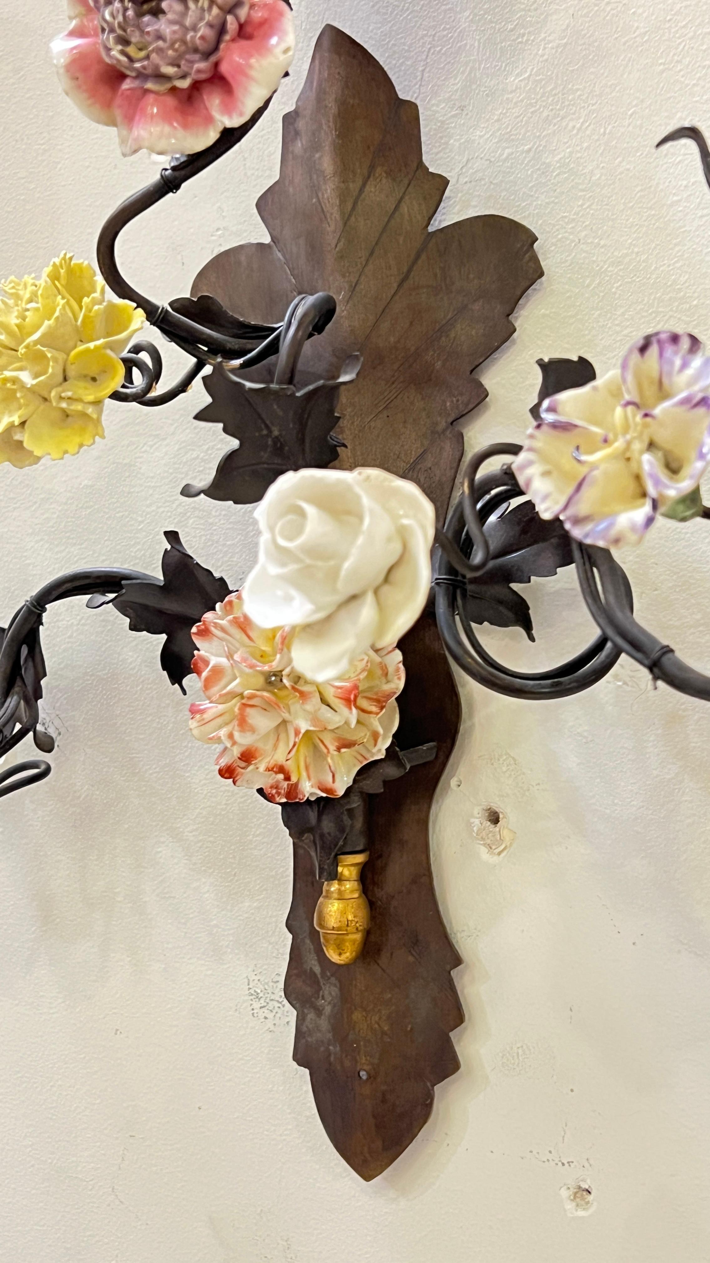 Pair Vintage Gilt Metal and Floral Porcelain 3-Light Sconces / Wall Lights For Sale 3
