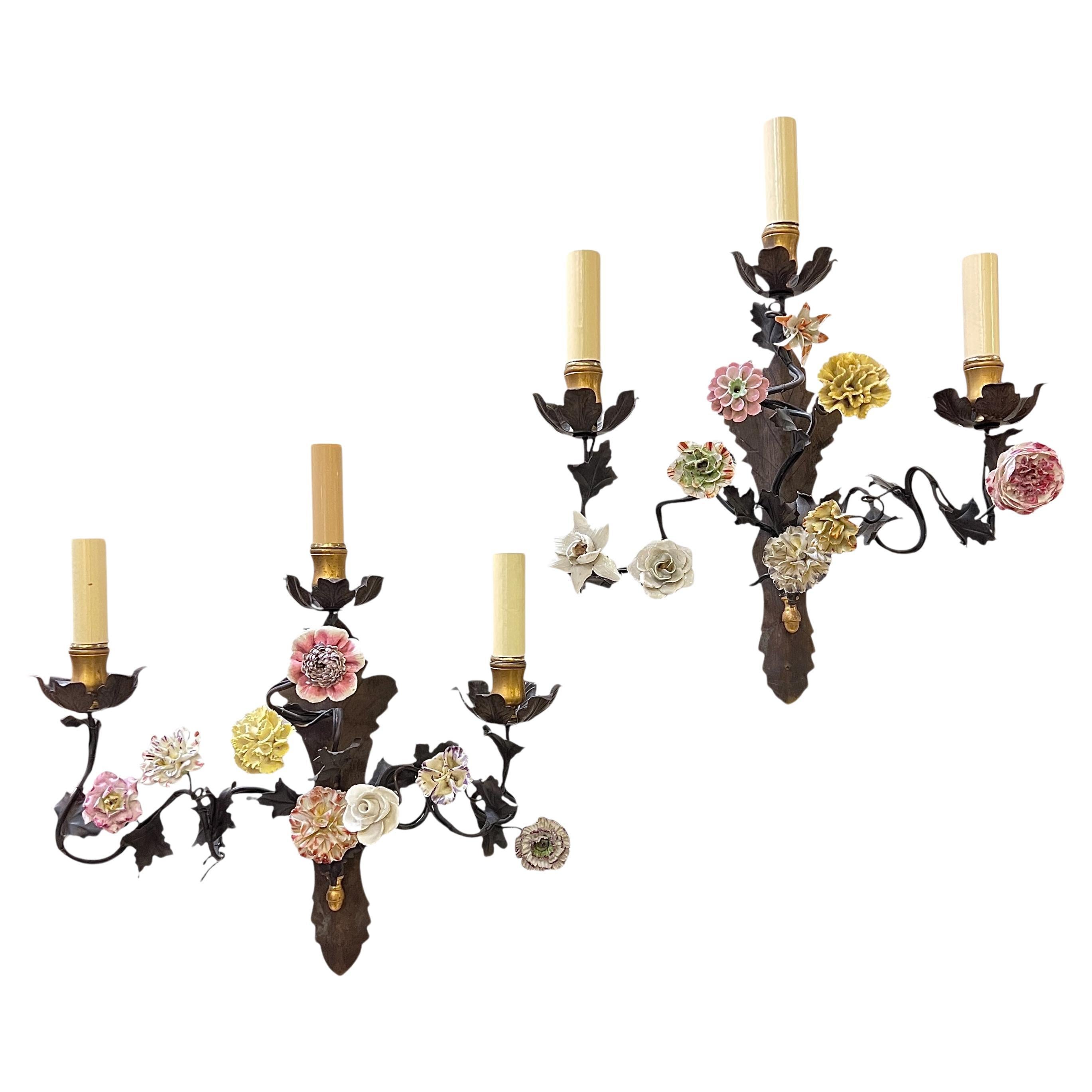 Pair Vintage Gilt Metal and Floral Porcelain 3-Light Sconces / Wall Lights