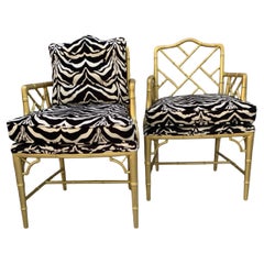 Pair Vintage Gold Chinese Chippendale Chairs New Zebra Fabric Hollywood Regency