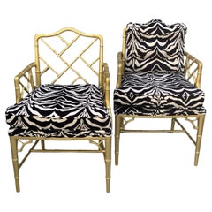 Paar Vintage Gold Chinese Chippendale Stühle New Zebra Stoff Hollywood Regency