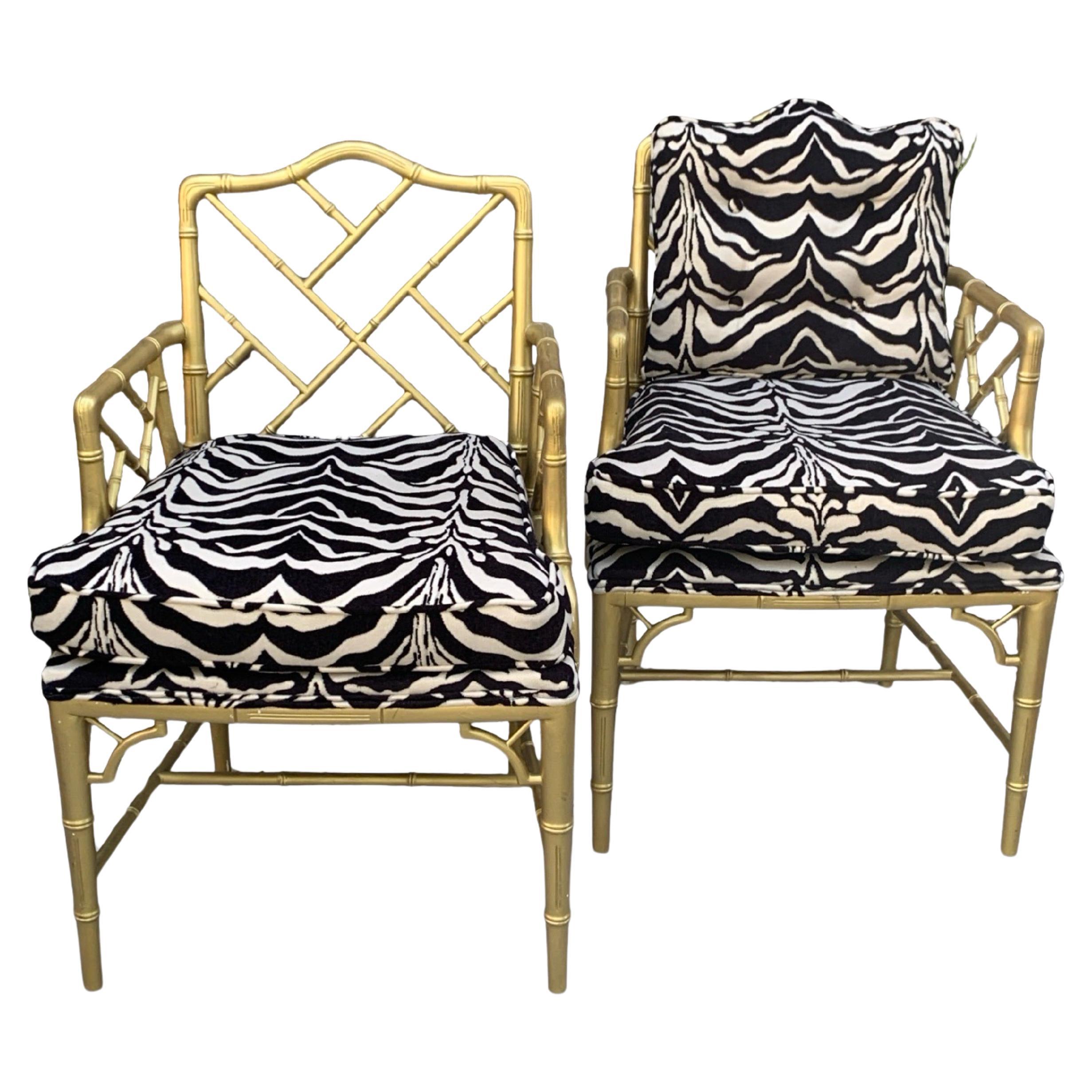 Pair Vintage Gold Chinese Chippendale Chairs New Zebra Fabric Hollywood Regency