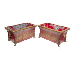 Pair Vintage Greek / Roman Neoclassical Red Painted Tole and Bronze Jardinieres