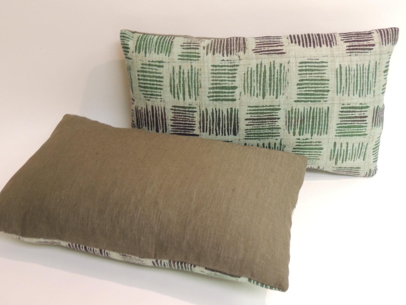 Vintage hand blocked green and brown decorative lumbar pillows with green linen backing.
Decorative pillow handcrafted and designed in the USA. 
Closure by stitch (no zipper closure) with custom made pillow insert.
Size: 12 x 20 x 6.