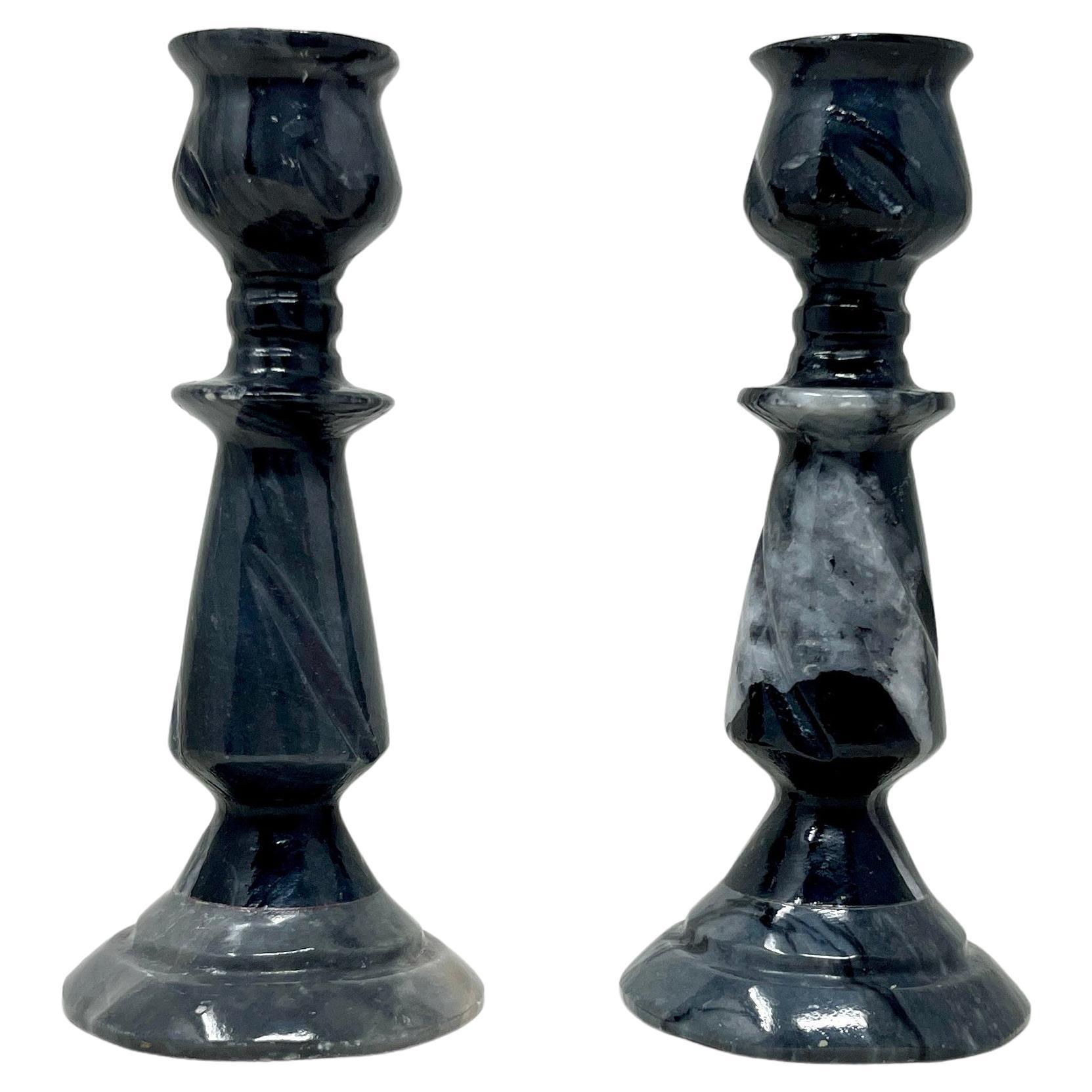 Pair Vintage Hand Carved Black Stone Candlesticks