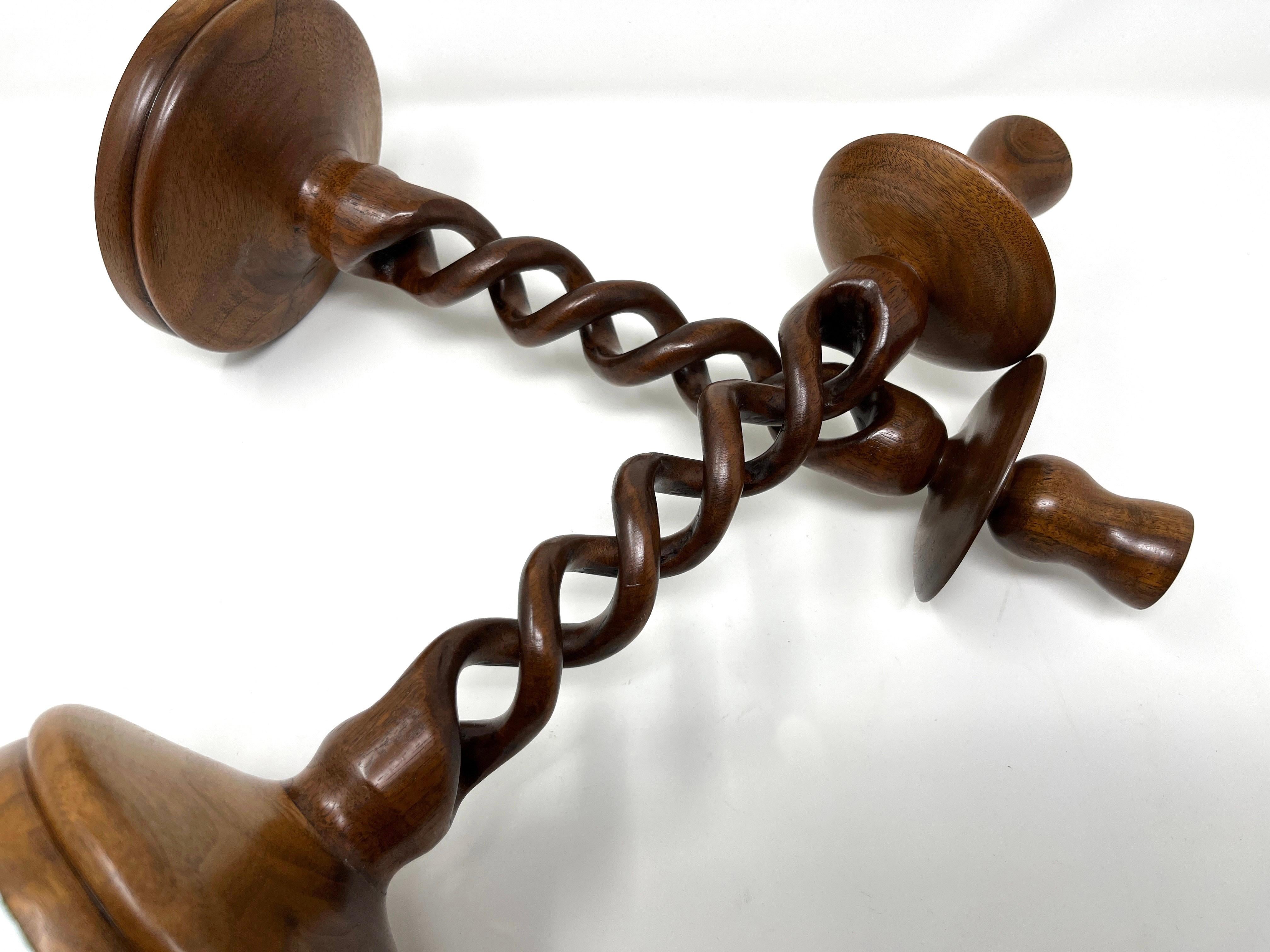 Pair Vintage Hand Carved Wood Barley Twist Candlesticks In Excellent Condition For Sale In Chicago, IL