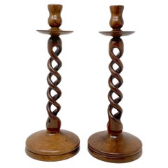 Pair Vintage Hand Carved Wood Barley Twist Candlesticks
