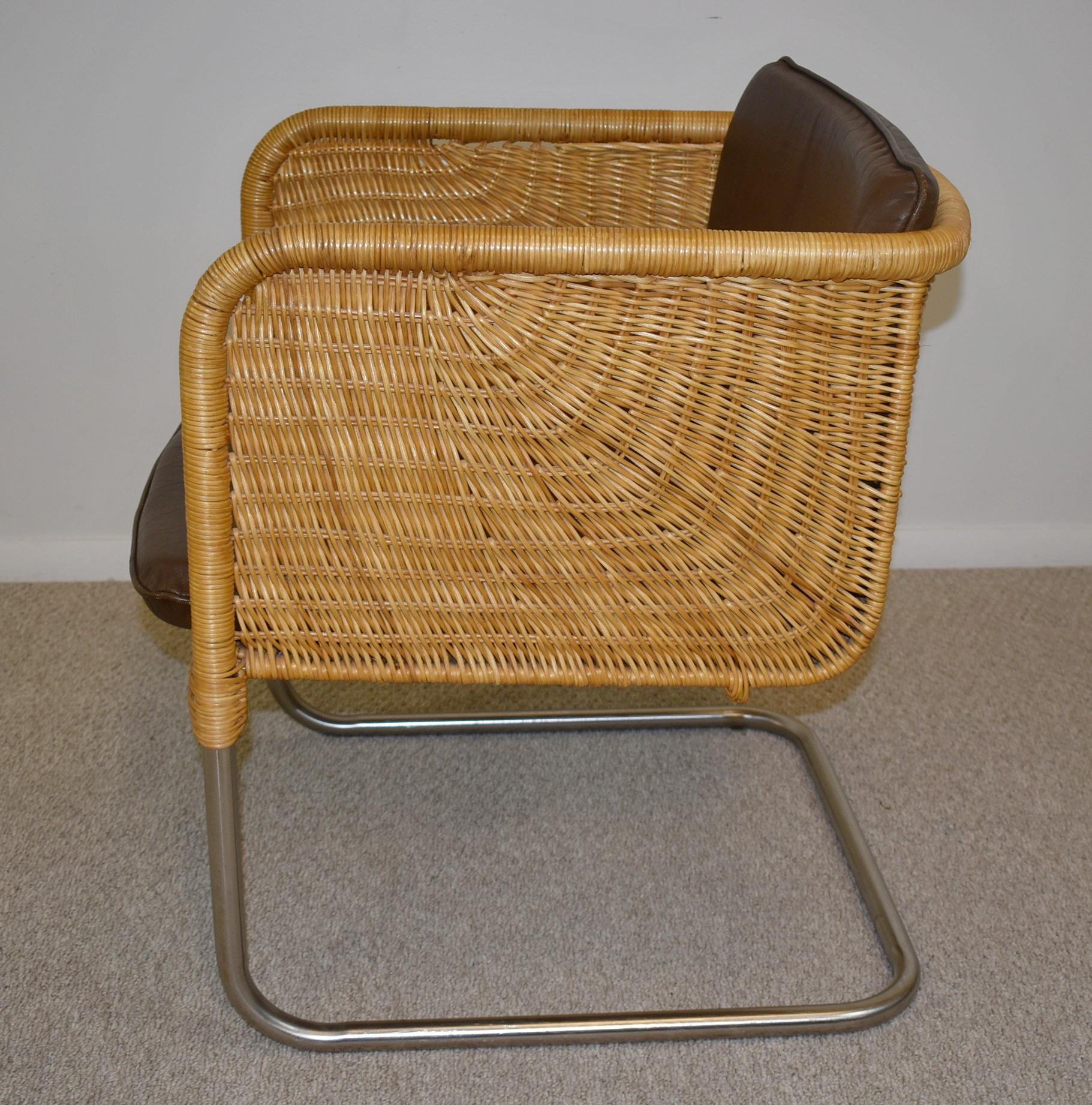 Modern Pair Vintage Harvey Probber Wicker & Chrome Chairs Leather Cushions D43 Model For Sale