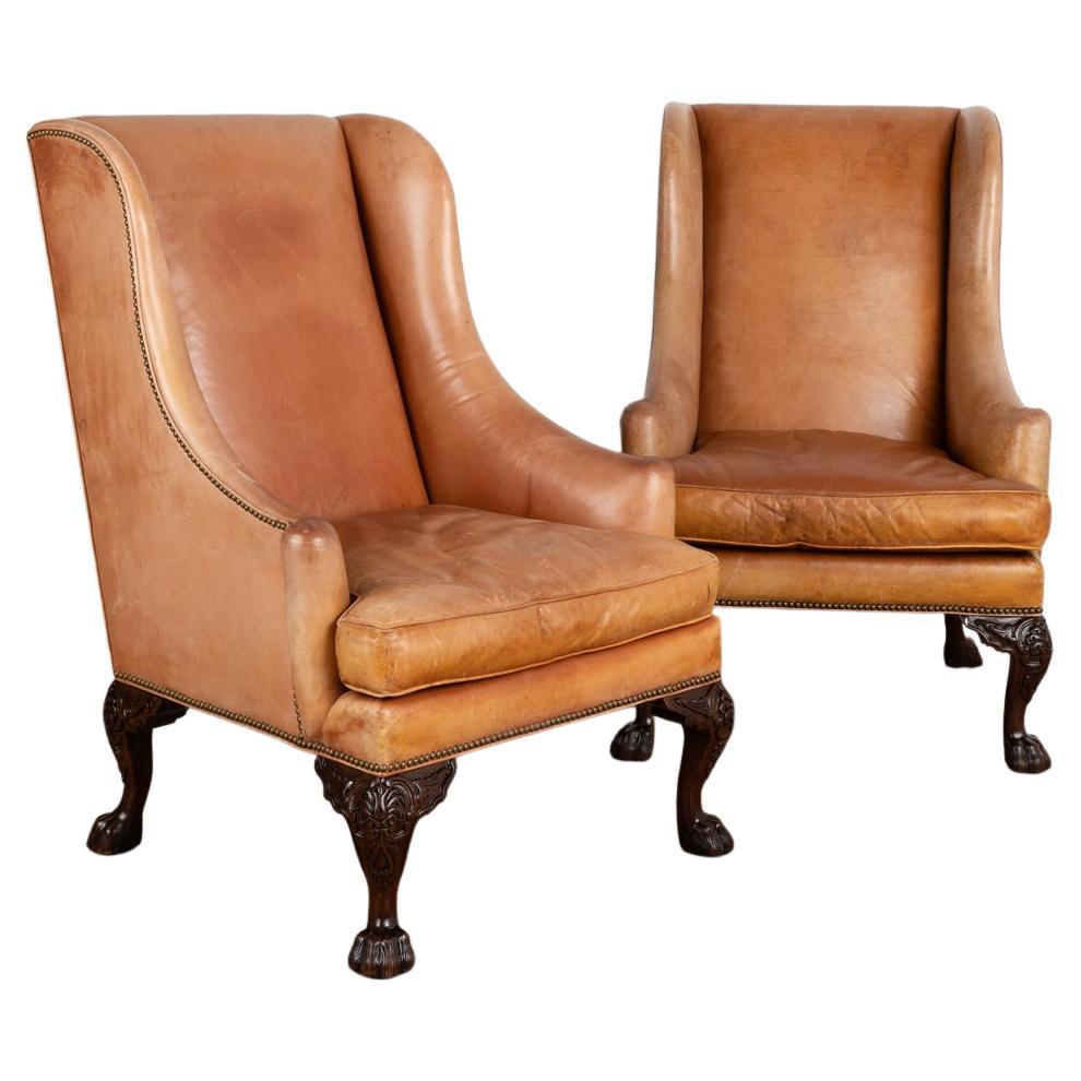 Pair of Vintage Henredon Brown Leather Wingback Armchairs, USA, circa 1970