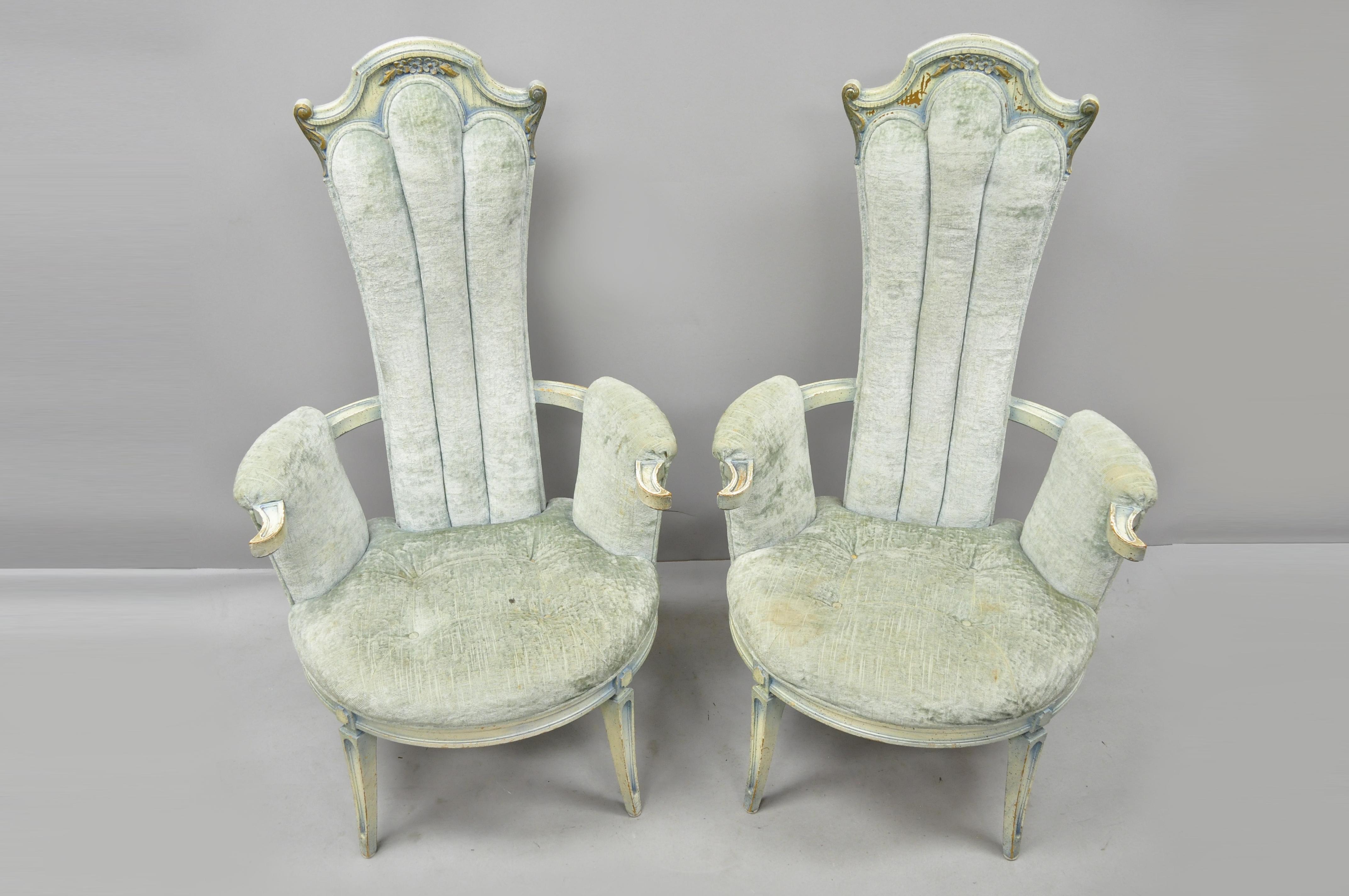 Pair Vintage High Back Hollywood Regency Style Blue Painted Fireside Armchairs 3