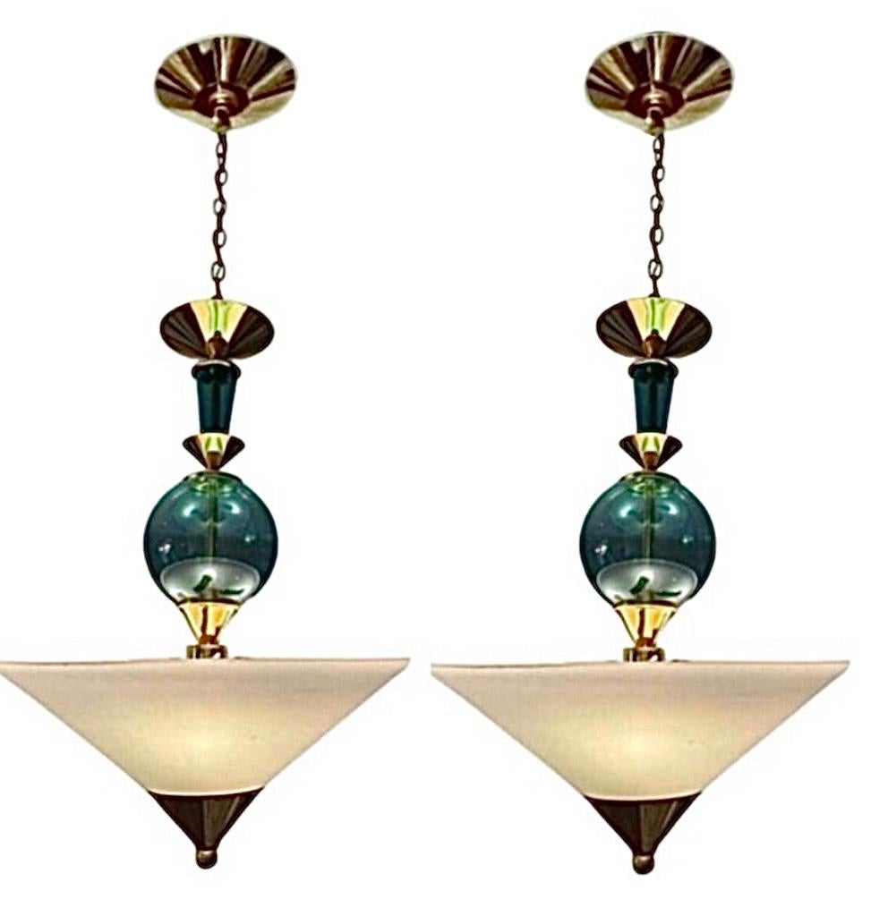 Pair of Exquisite and Elegant vintage Hivo Van Teal matching green lucite with brass fittings 

This minimalist design is a departure from Van
Teal’s signature maximalist ornate, lighting fixtures. 

The pair is  MUCH MORE spectacular in person than