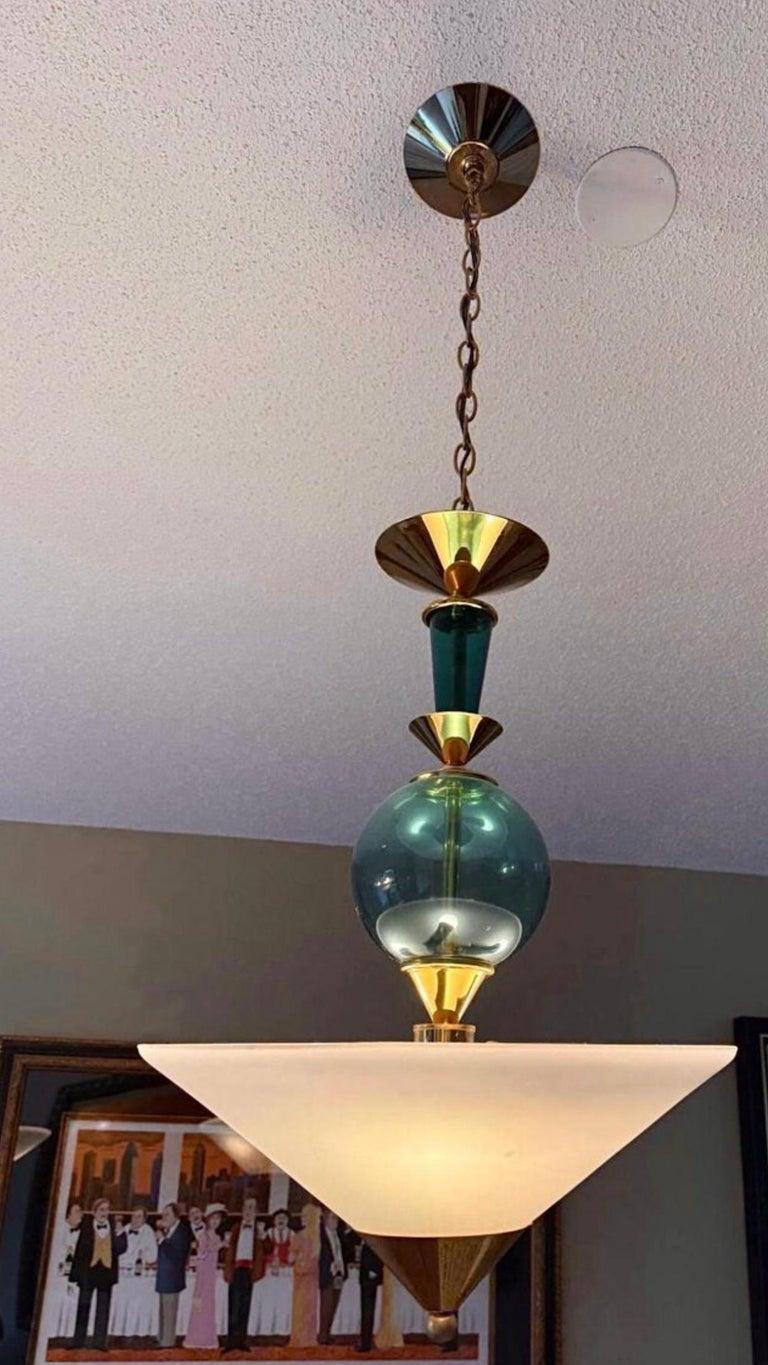 American Pair Vintage Hivo Van Teal Mid Century Lucite Brass Elegant Hanging Pendants For Sale