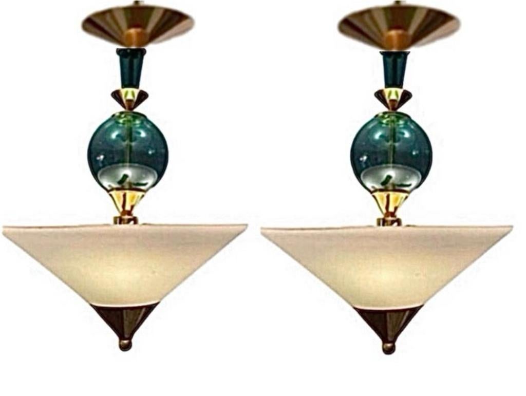 Pair Vintage Hivo Van Teal Mid Century Lucite Brass Elegant Hanging Pendants In Good Condition For Sale In St.Petersburg, FL