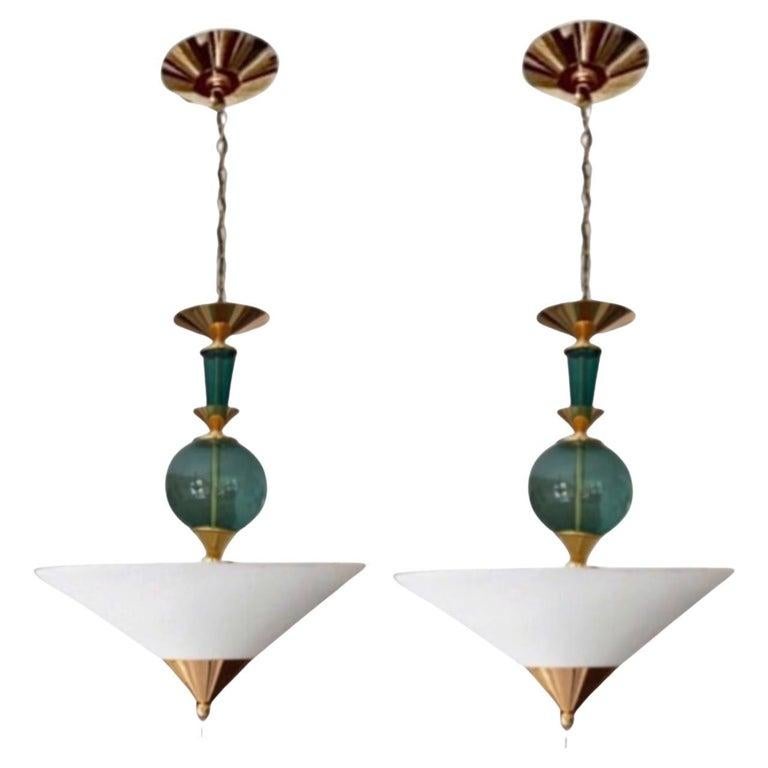 Pair Vintage Hivo Van Teal Mid Century Lucite Brass Elegant Hanging Pendants For Sale 1