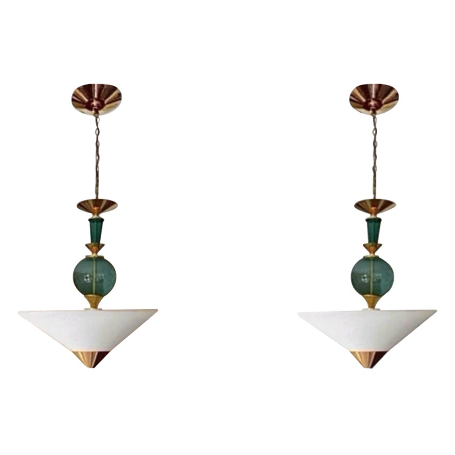 Pair Vintage Hivo Van Teal Mid Century Lucite Brass Elegant Hanging Pendants For Sale