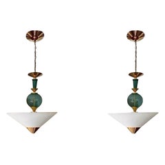 Pair Vintage Hivo Van Teal Mid Century Lucite Brass Elegant Hanging Pendants