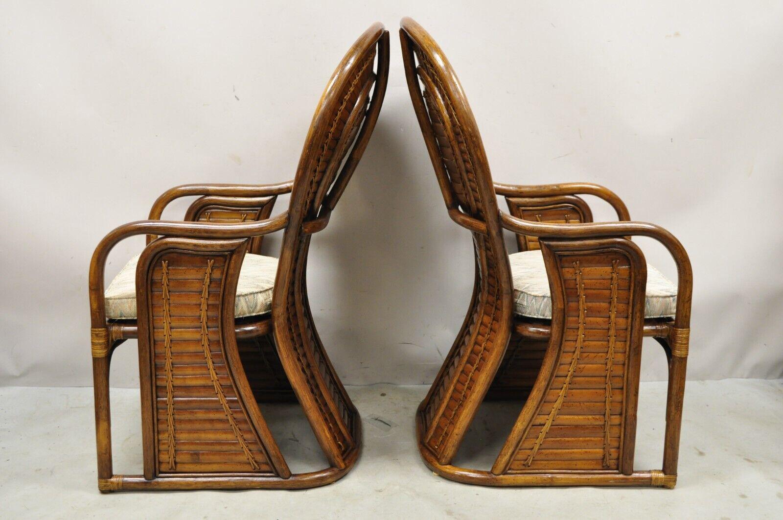 Pair Vintage Hollywood Regency Boho Chic Bentwood Rattan Fan Back Lounge Chairs For Sale 5