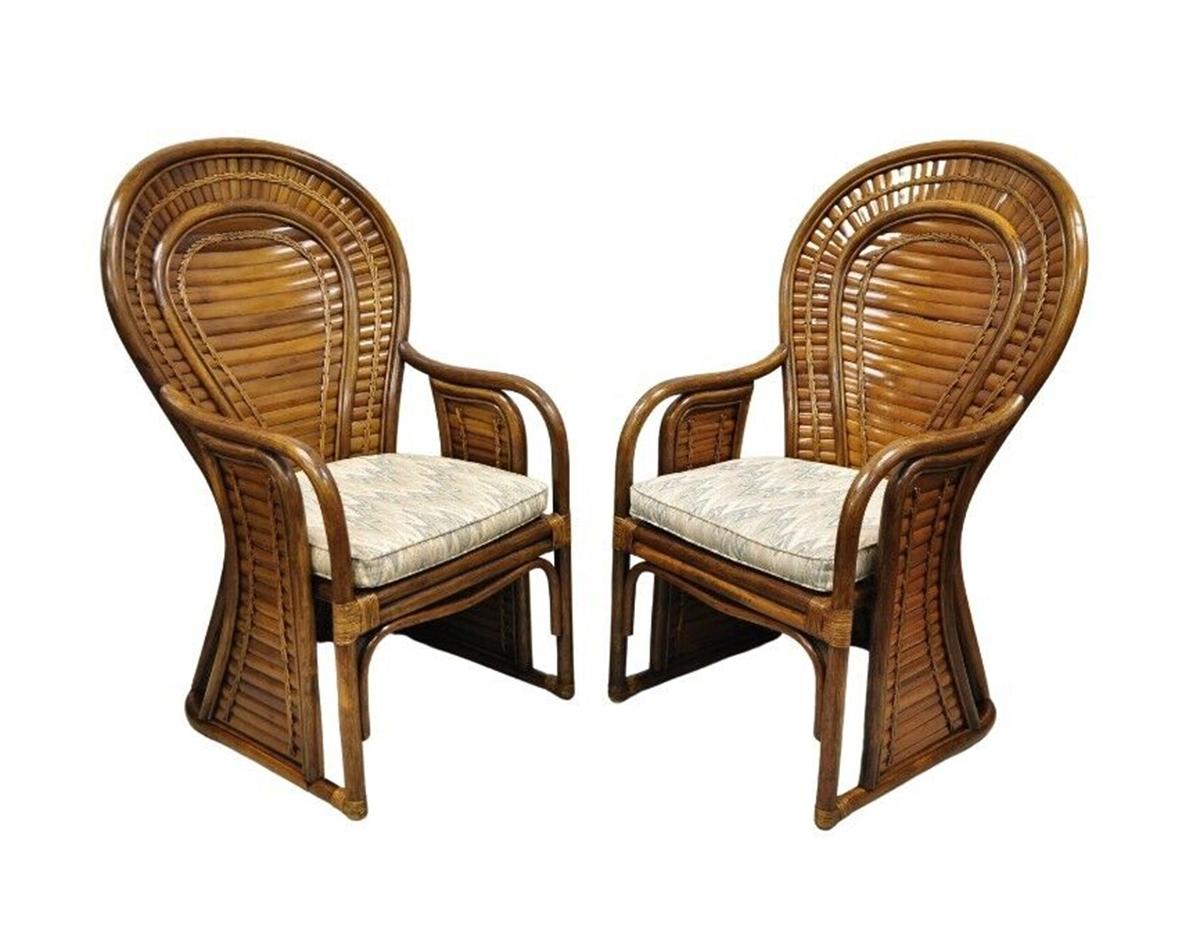 Pair Vintage Hollywood Regency Boho Chic Bentwood Rattan Fan Back Lounge Chairs For Sale 6