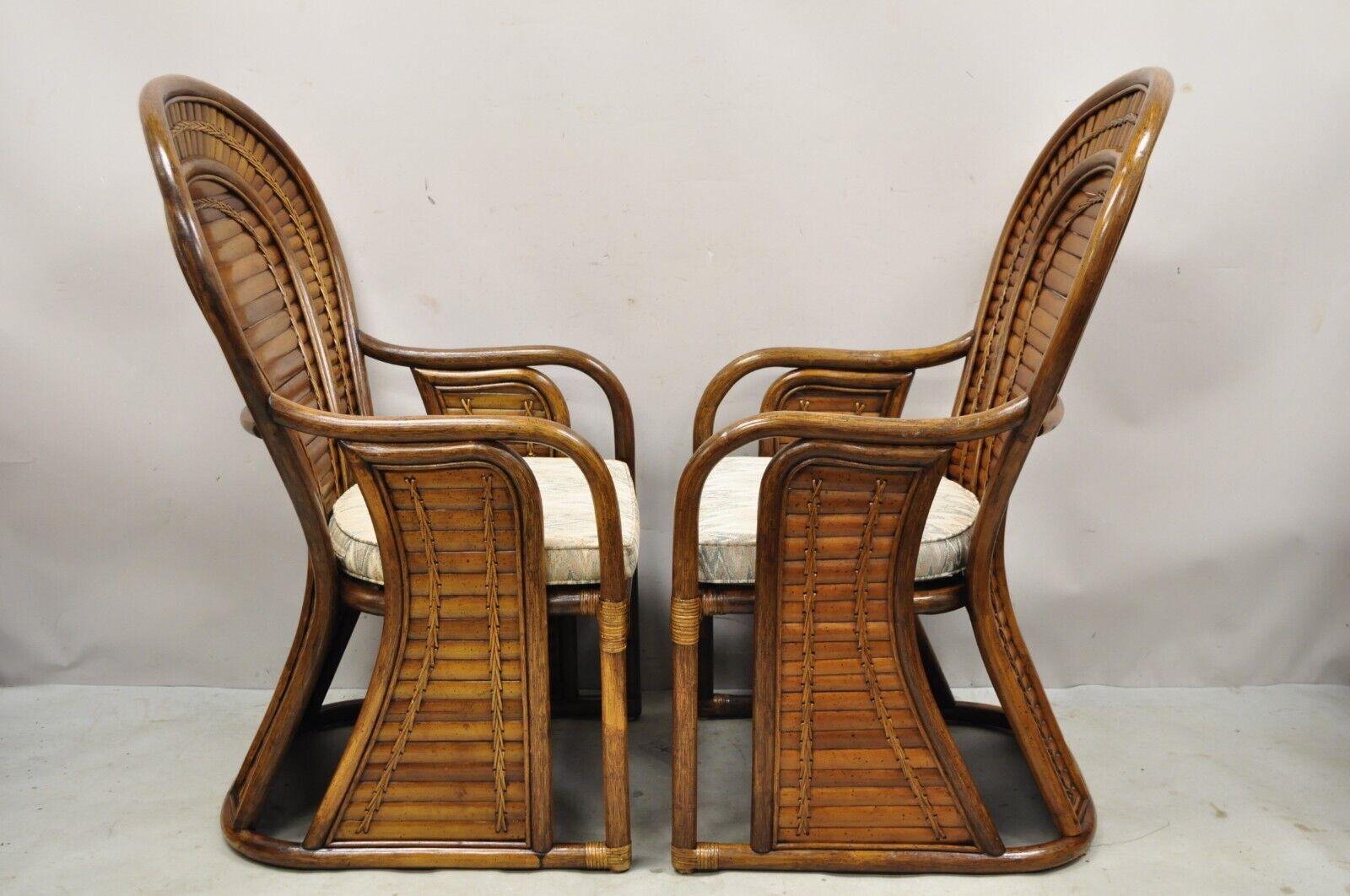 Pair Vintage Hollywood Regency Boho Chic Bentwood Rattan Fan Back Lounge Chairs In Good Condition For Sale In Philadelphia, PA