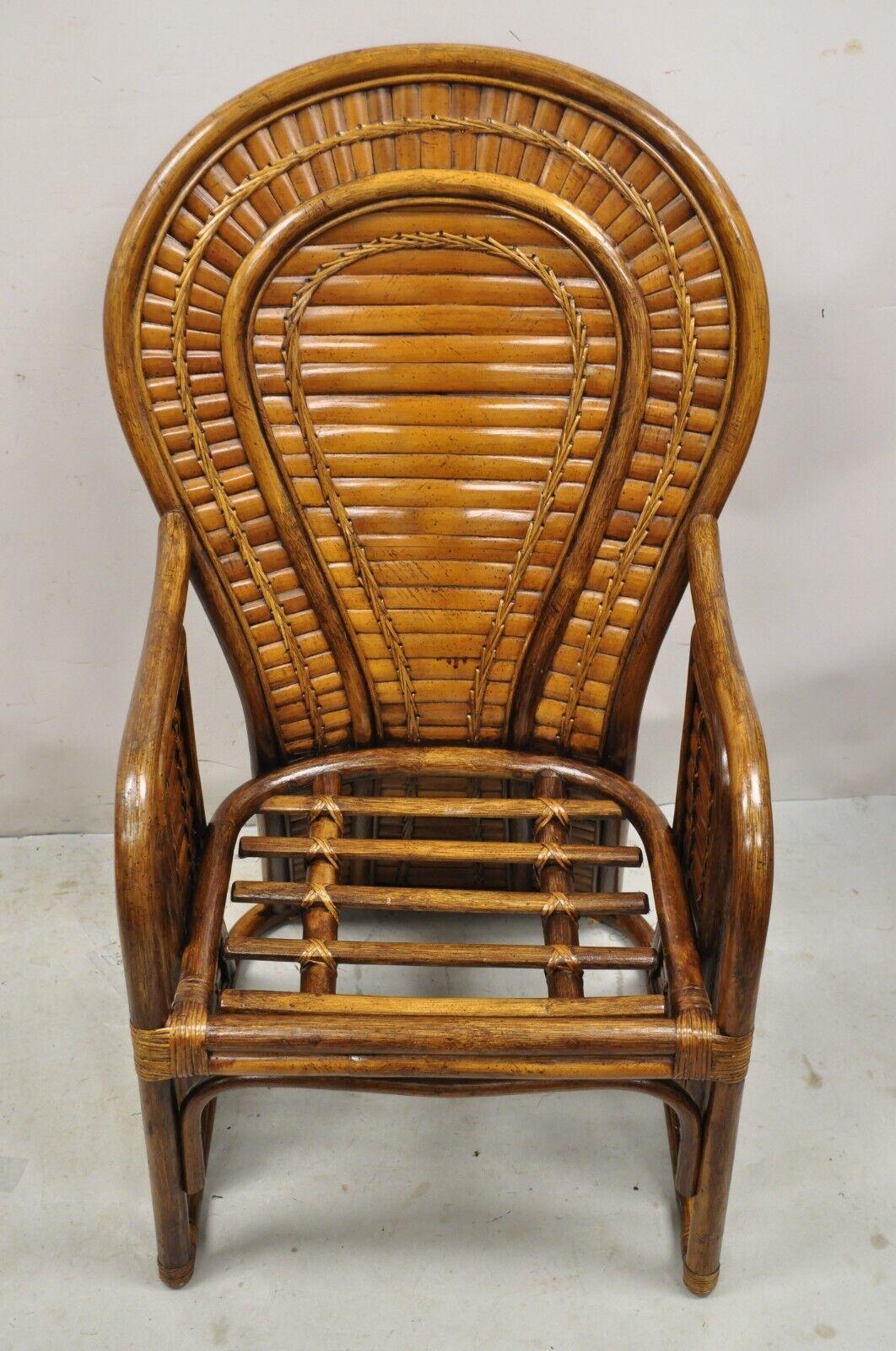 Wood Pair Vintage Hollywood Regency Boho Chic Bentwood Rattan Fan Back Lounge Chairs For Sale