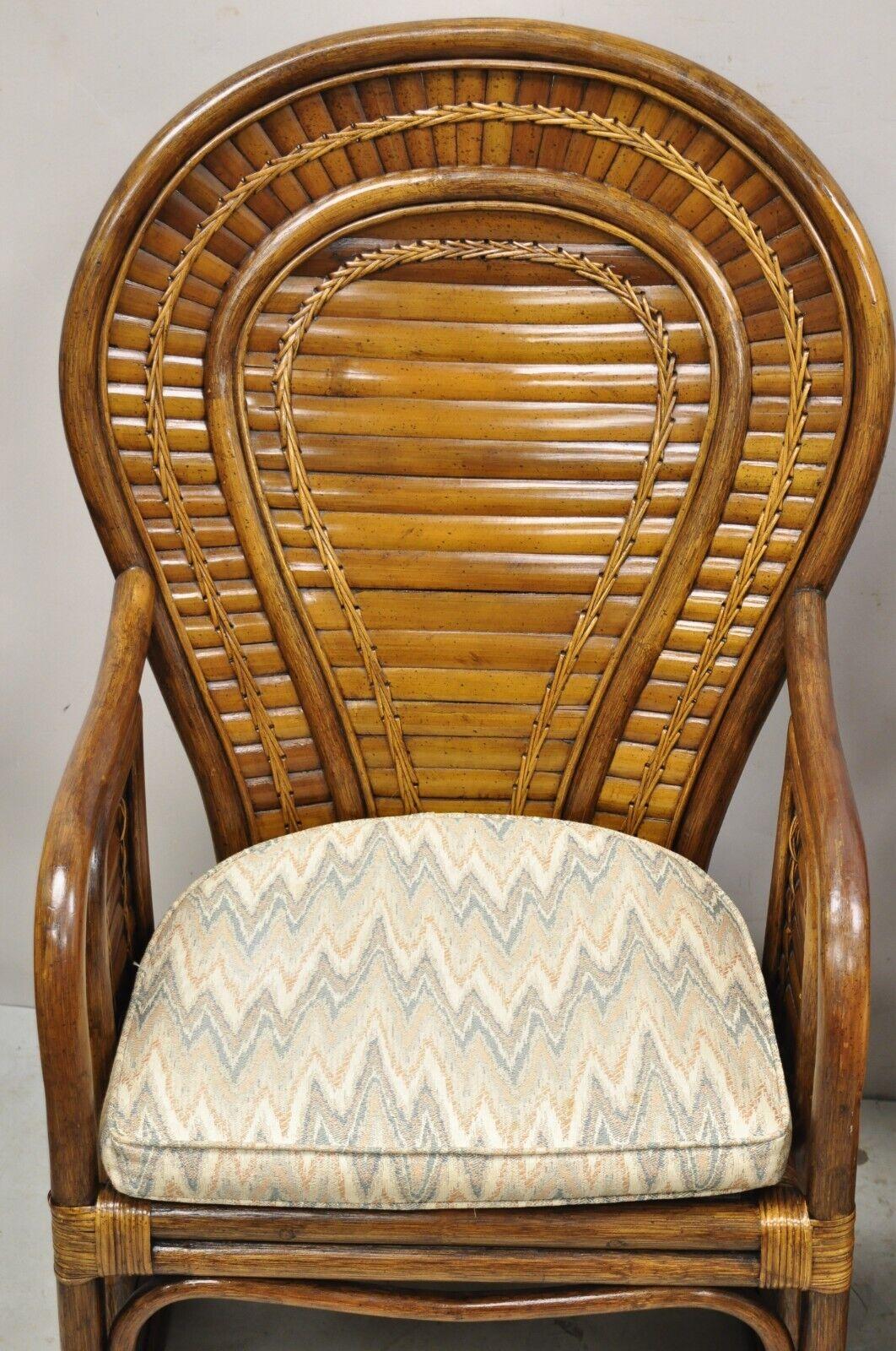 Pair Vintage Hollywood Regency Boho Chic Bentwood Rattan Fan Back Lounge Chairs For Sale 2