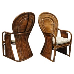 Pair Retro Hollywood Regency Boho Chic Bentwood Rattan Fan Back Lounge Chairs