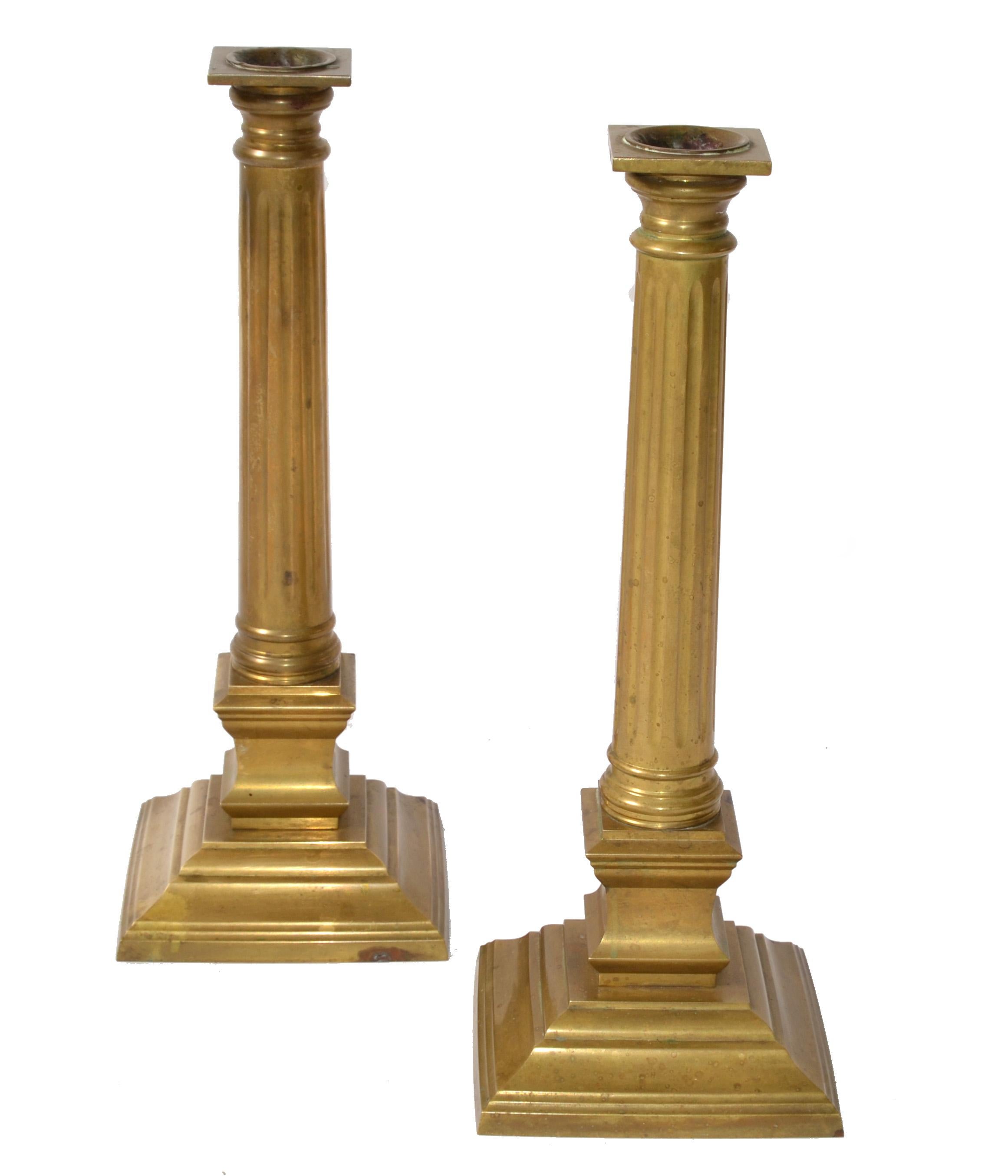 Pair Vintage Hollywood Regency Maitland-Smith Brass Column Candlesticks Labeled  6