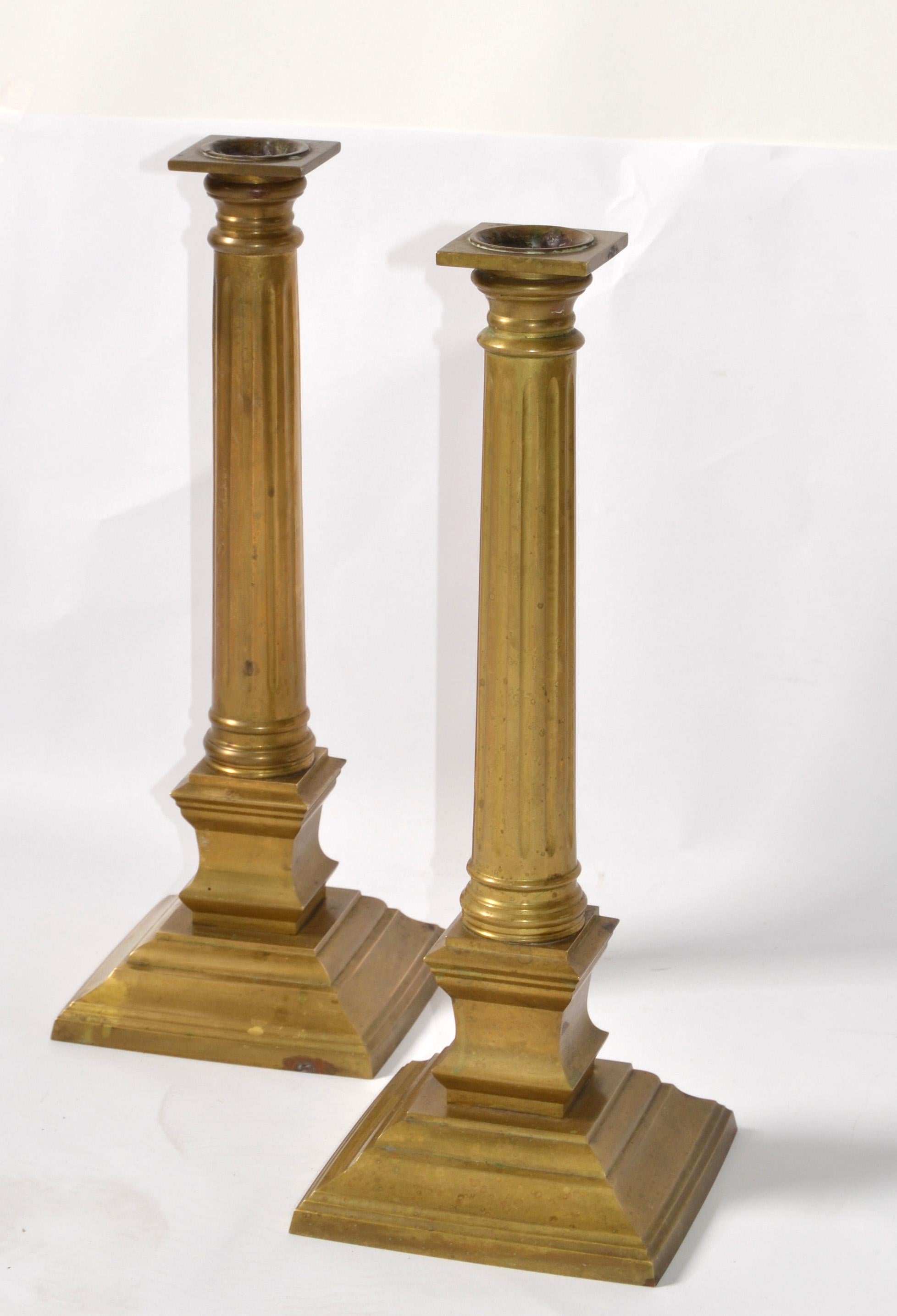 Hand-Crafted Pair Vintage Hollywood Regency Maitland-Smith Brass Column Candlesticks Labeled 