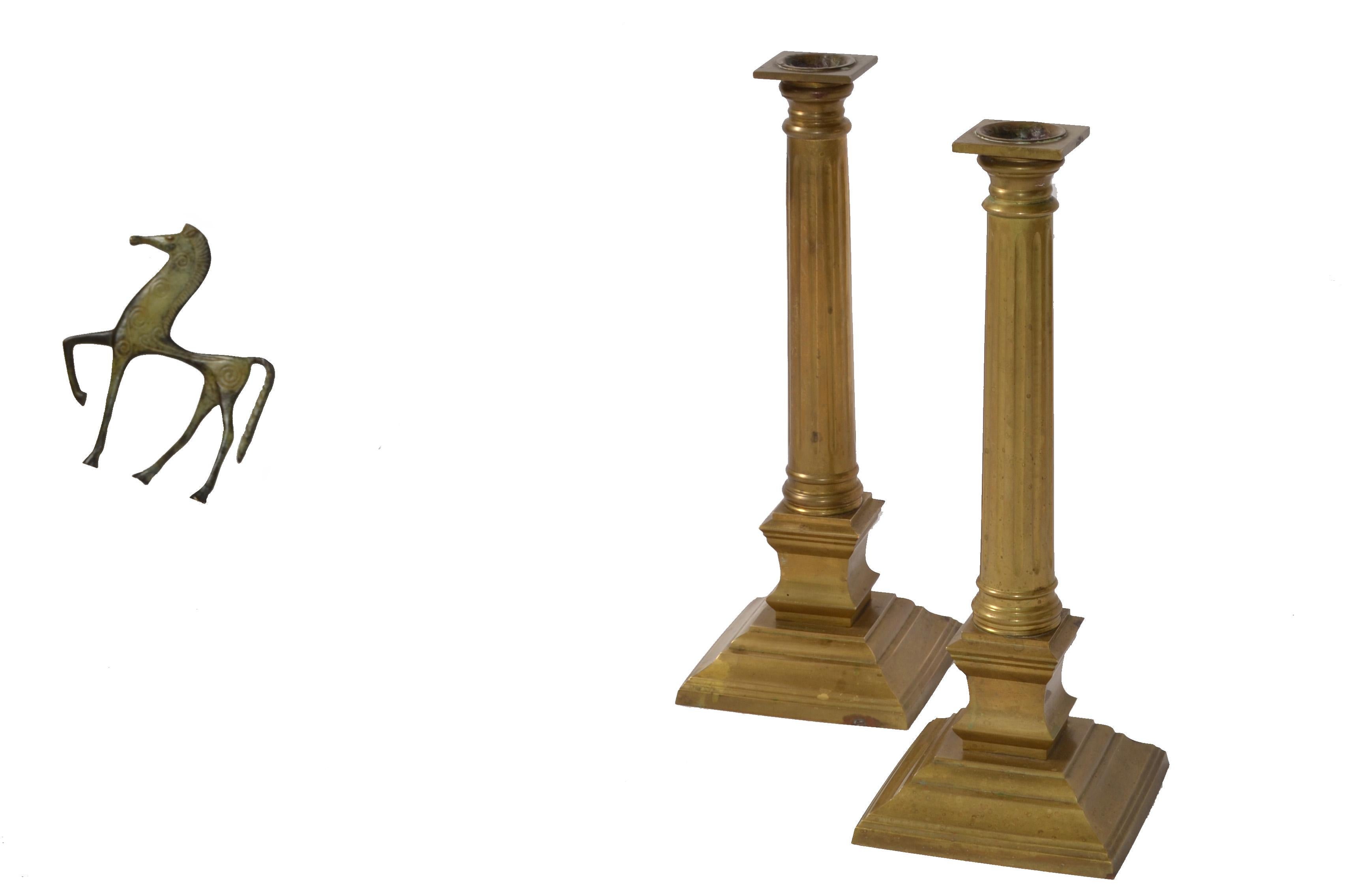 20th Century Pair Vintage Hollywood Regency Maitland-Smith Brass Column Candlesticks Labeled 