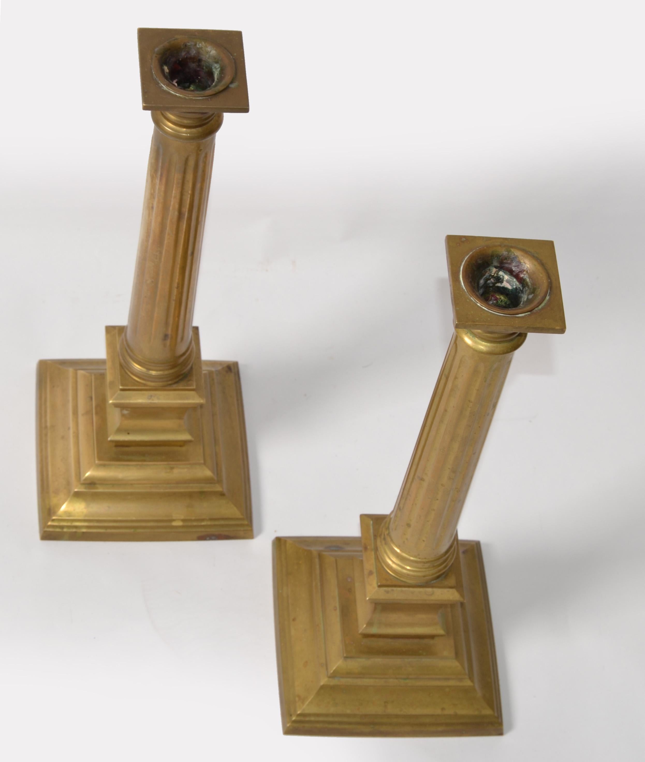 Pair Vintage Hollywood Regency Maitland-Smith Brass Column Candlesticks Labeled  2